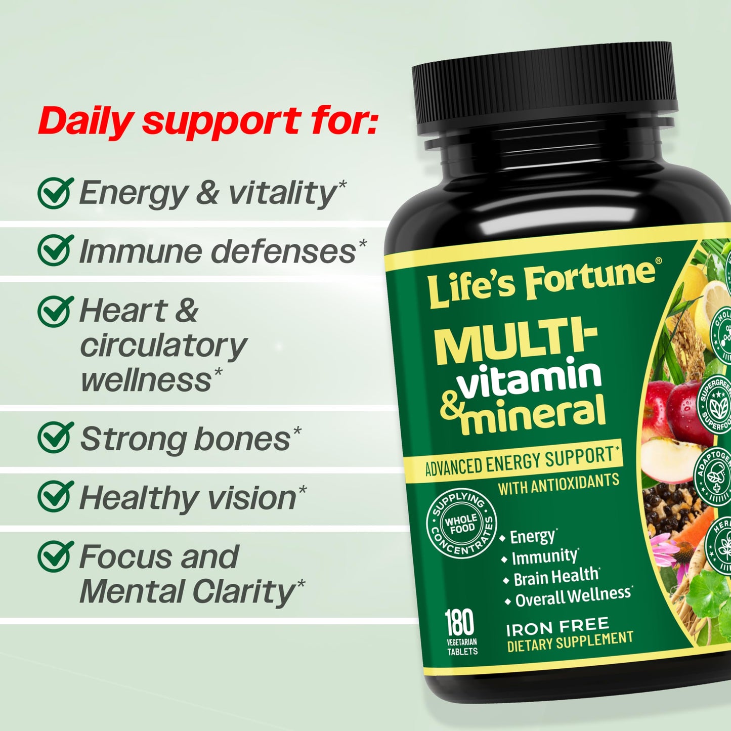 Life's Fortune Whole Food Multivitamin & Mineral Supplement for Men & Women – Iron Free – Brain, Immune & Metabolism Support – 180 Capsules