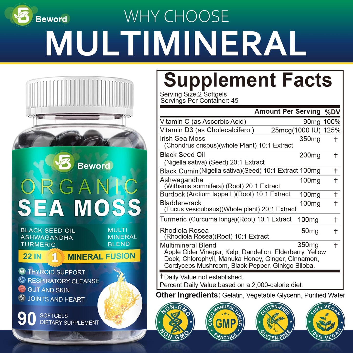 BEWORD Organic Sea Moss Softgels 180 Softgels