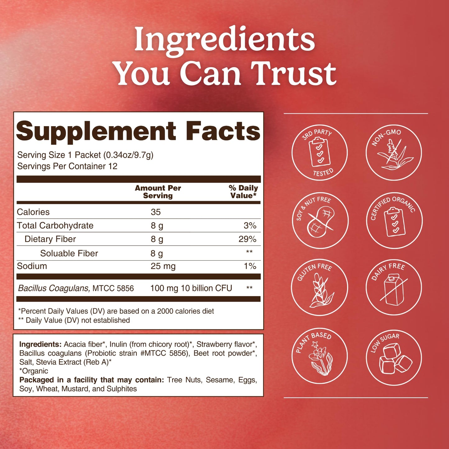 Organic Traditions Fiber Flow Strawberry Daily Fiber Supplement Powder, 4