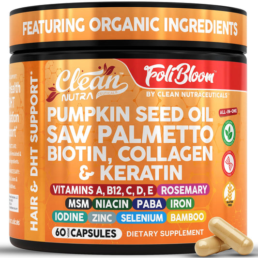 Clean Nutraceuticals Pumpkin Seed Oil Capsules + Saw Palmetto Biotin Collagen Keratin MSM Folate Hyaluronic Acid Hair Supplement, 60 Capsules