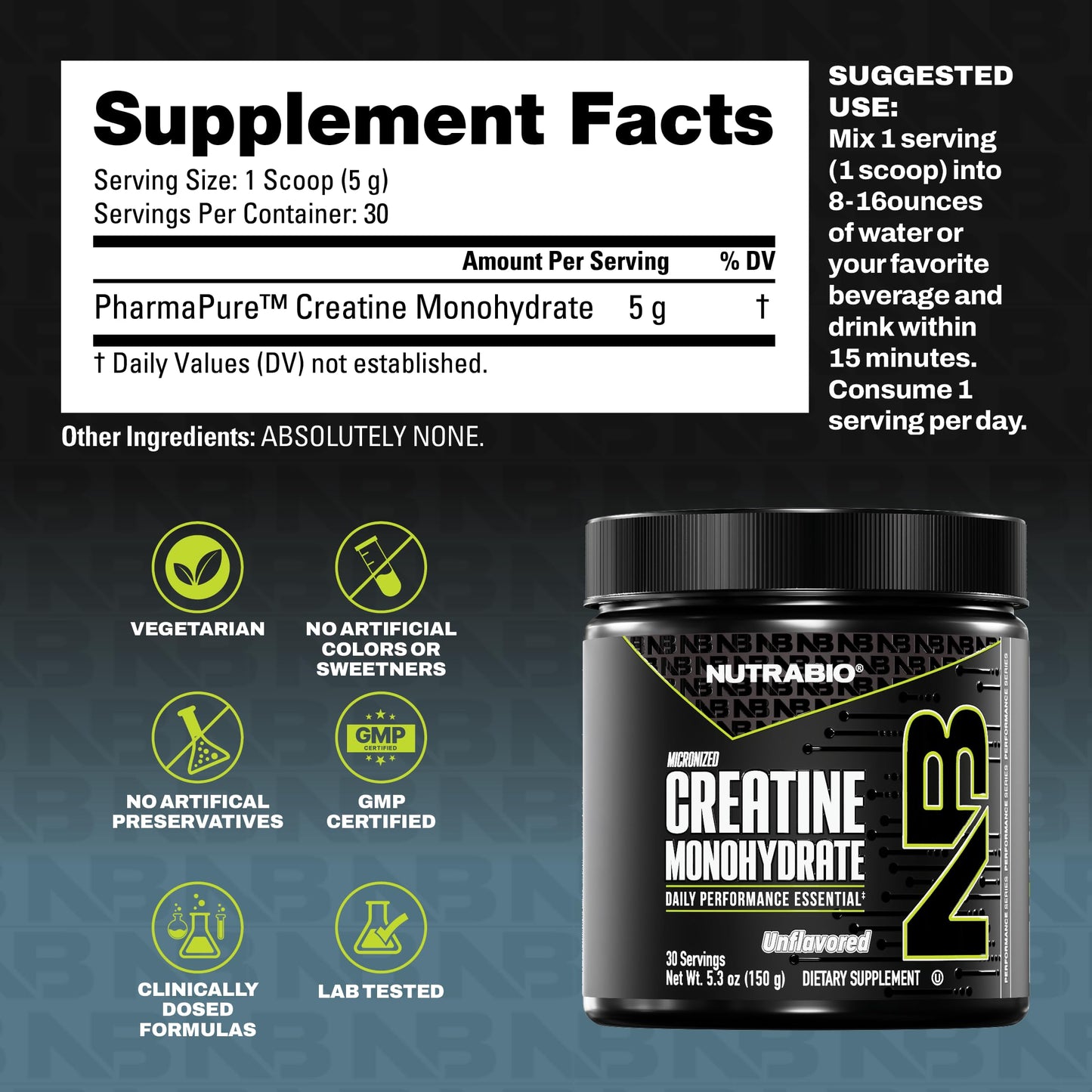 NutraBio Pure Micronized Creatine Monohydrate Powder Supplement, 5.3 oz
