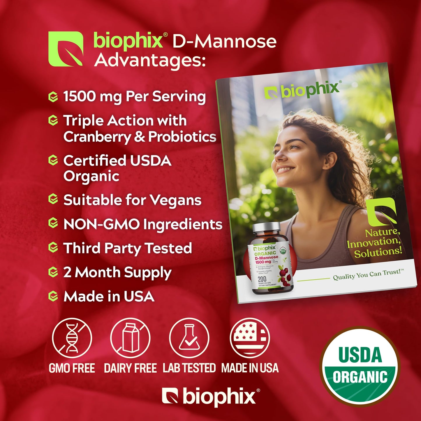 biophix D-Mannose 1500 mg Capsules, 200 Count, USDA Organic, Non-GMO, Vegan-Friendly