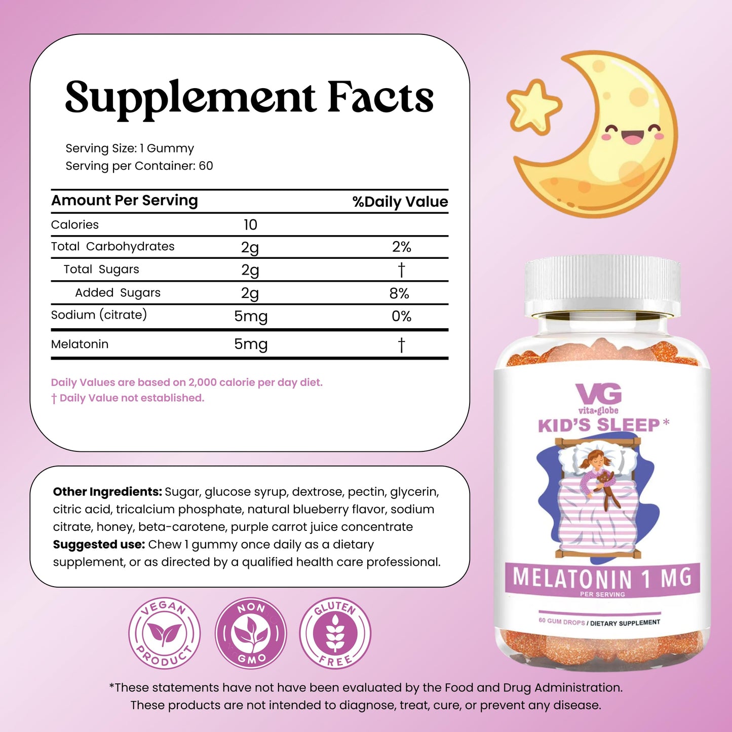 VITA GLOBE Kids Sleep Melatonin 1mg Gummies 60 Count