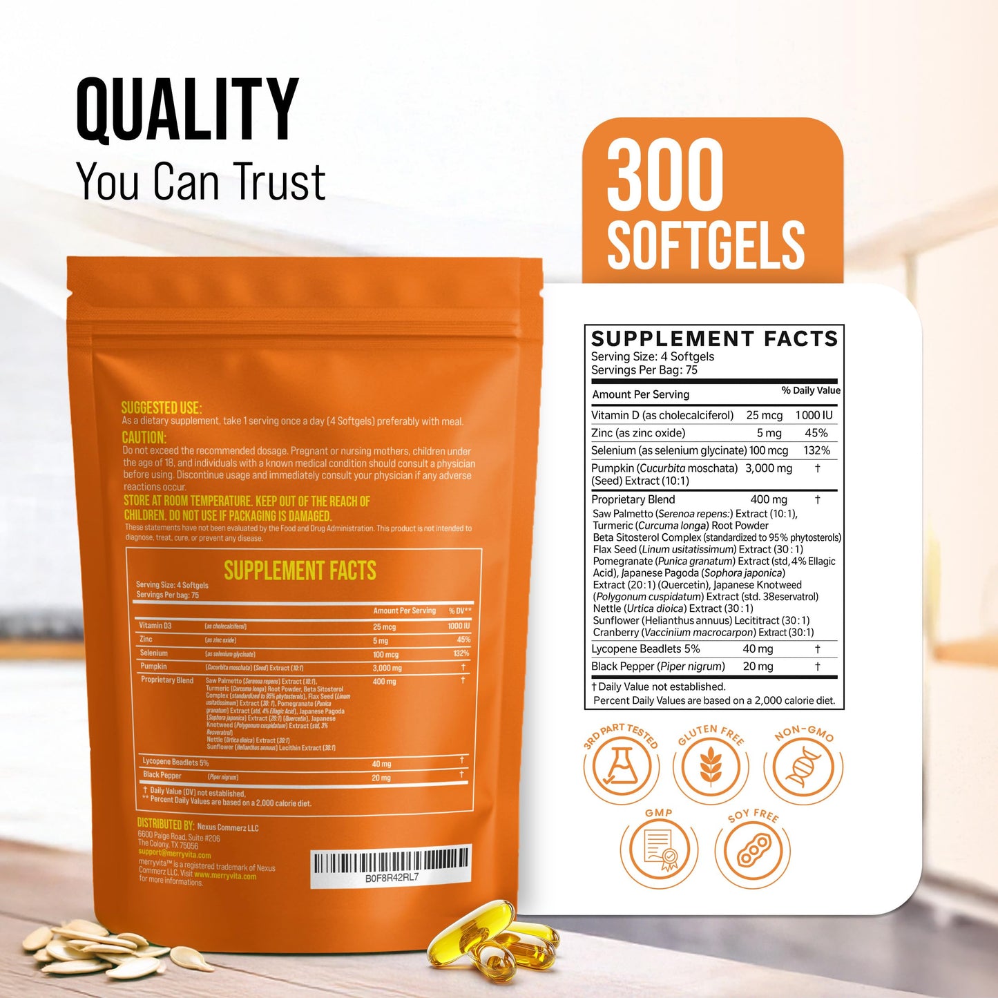 MERRY VITA Pumpkin Seed Oil with Saw Palmetto, Turmeric, Nettle & More Softgels, 300