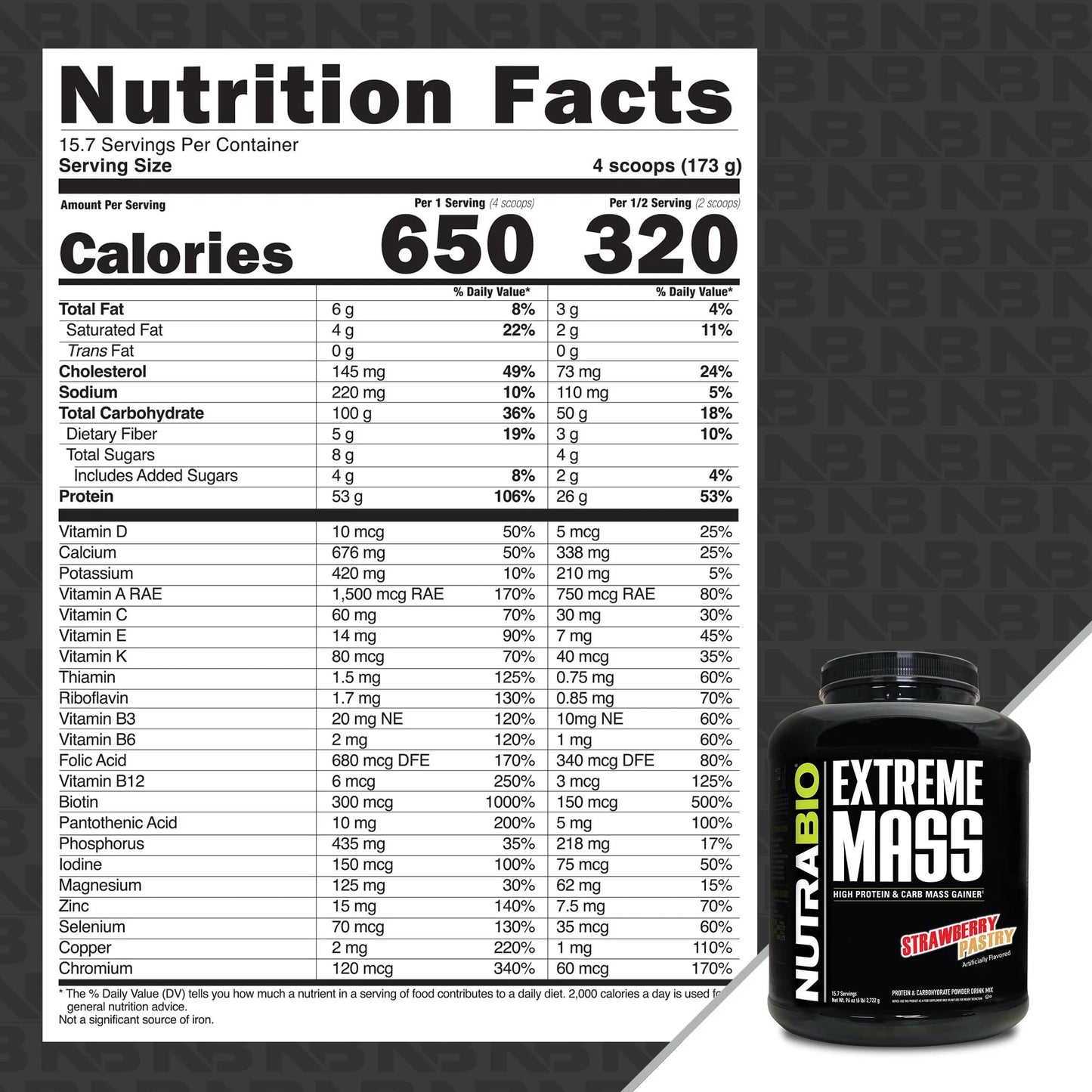 NutraBio Extreme Mass Gainer Protein Powder Strawberry Pastry 96 Servings