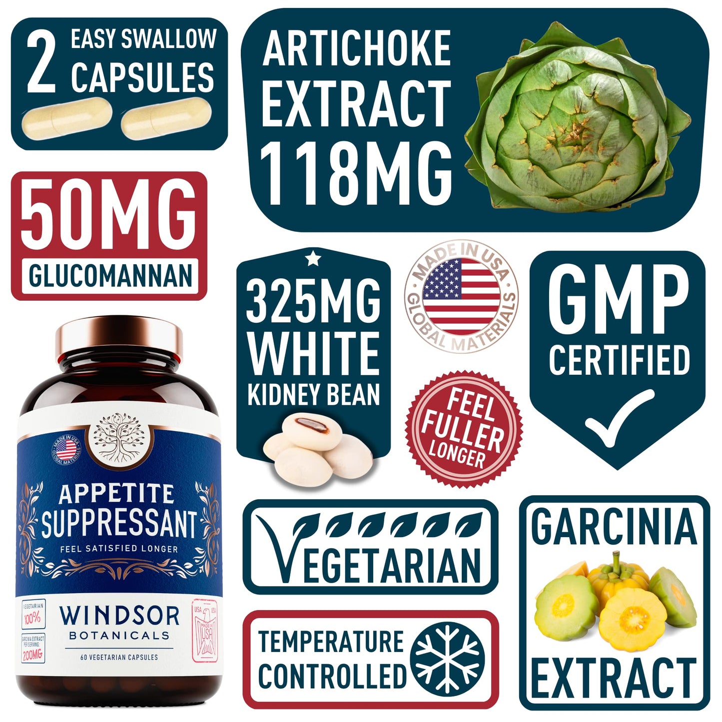WINDSOR BOTANICALS Appetite Suppressant for Weight Loss Capsules, 60 Count