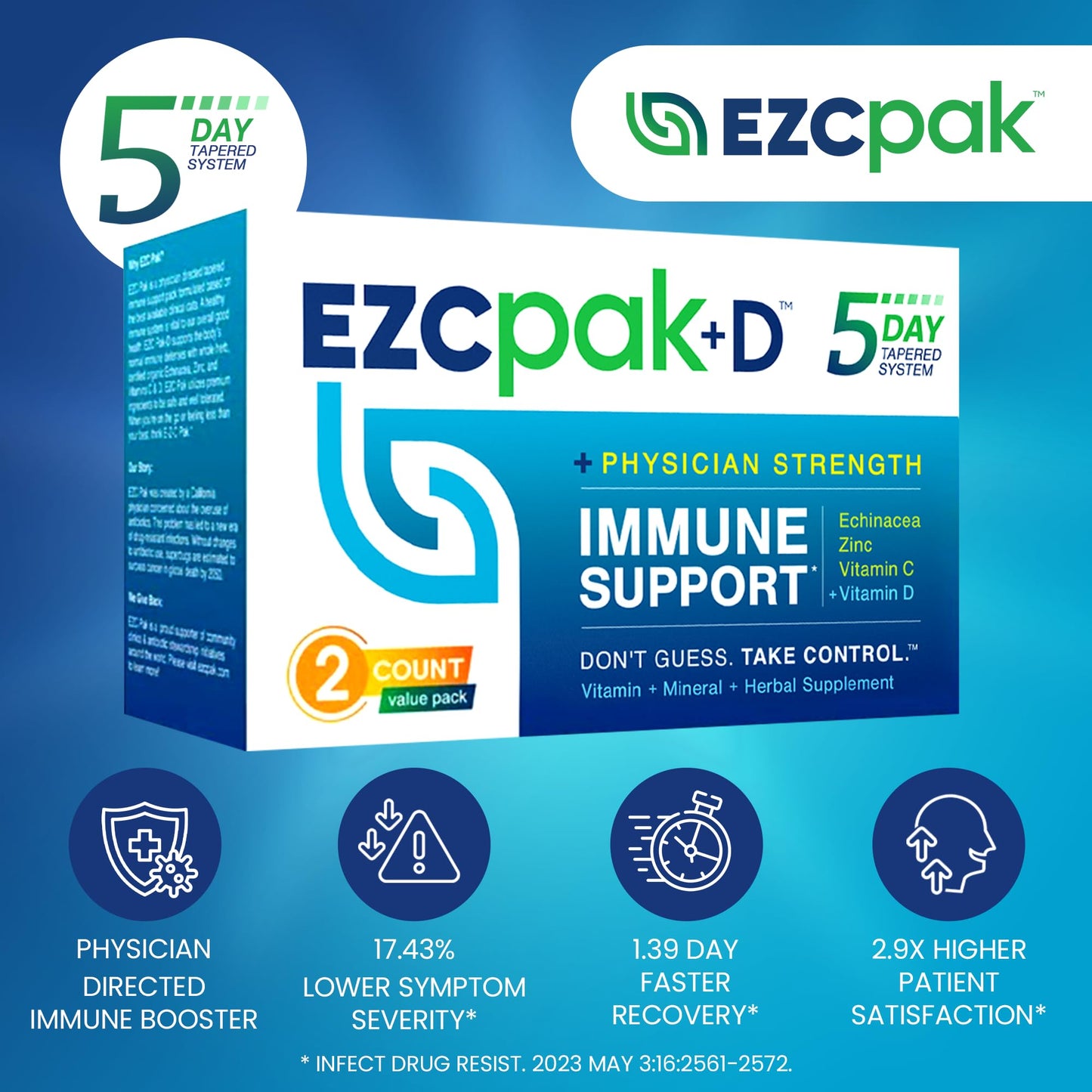 EZC Pak 5-Day Immune System Booster Echinacea Vitamin C & D Zinc Capsules, 2-Pack