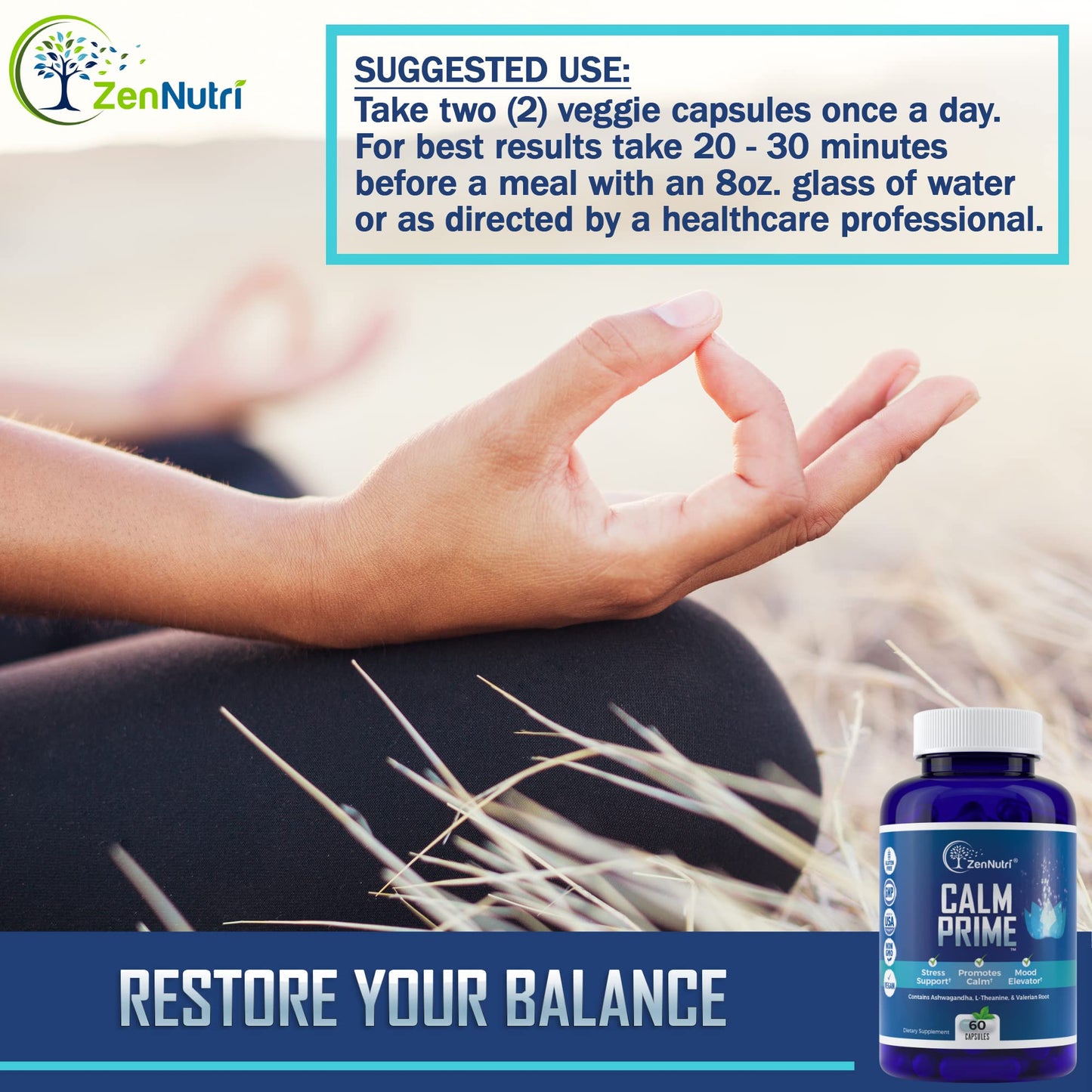 ZenNutri Calm Prime Non-Drowsy Stress Relief Supplement Capsule, 60 Count