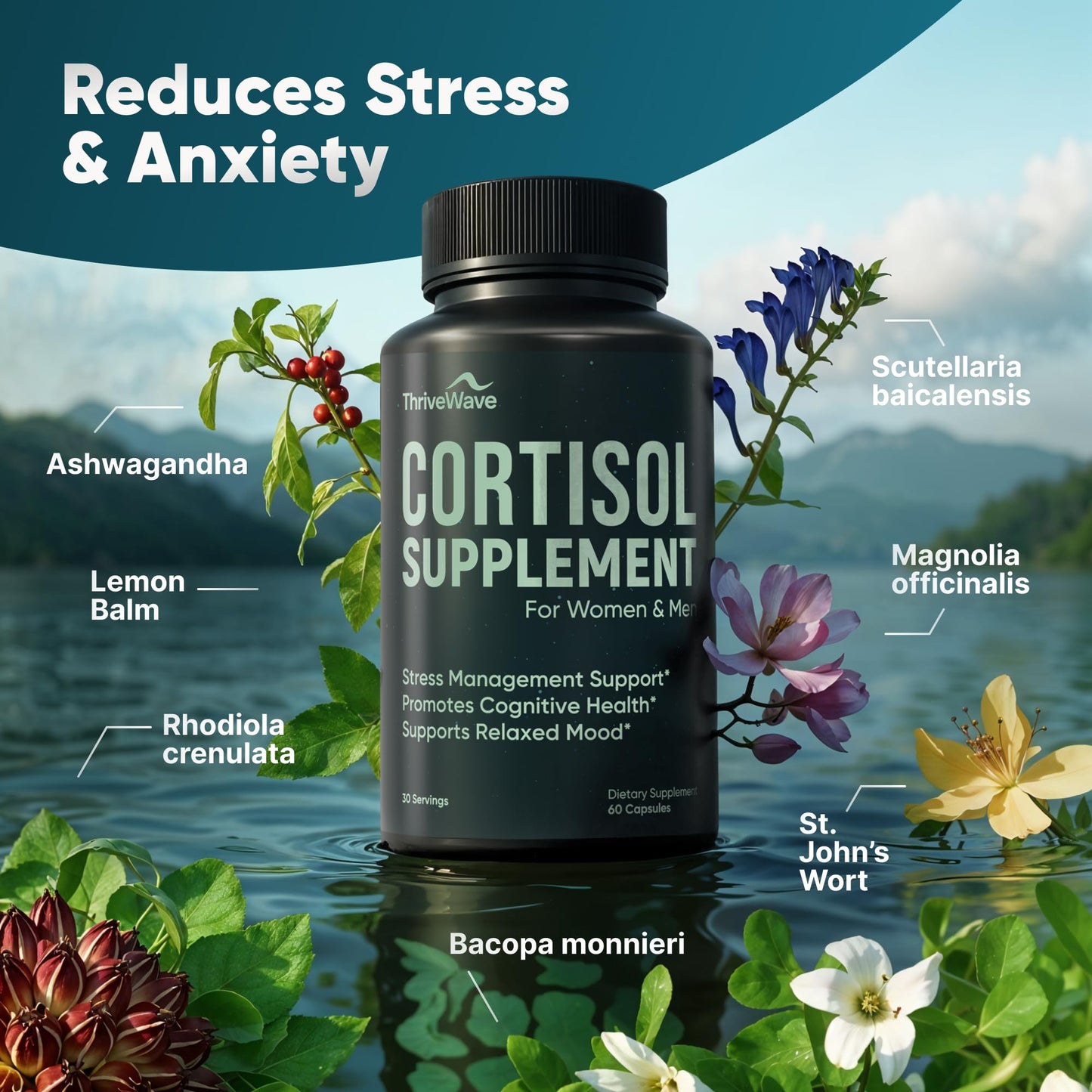 ThriveWave Bacopa Monnieri Stress & Mood Support Capsules, 60 Count