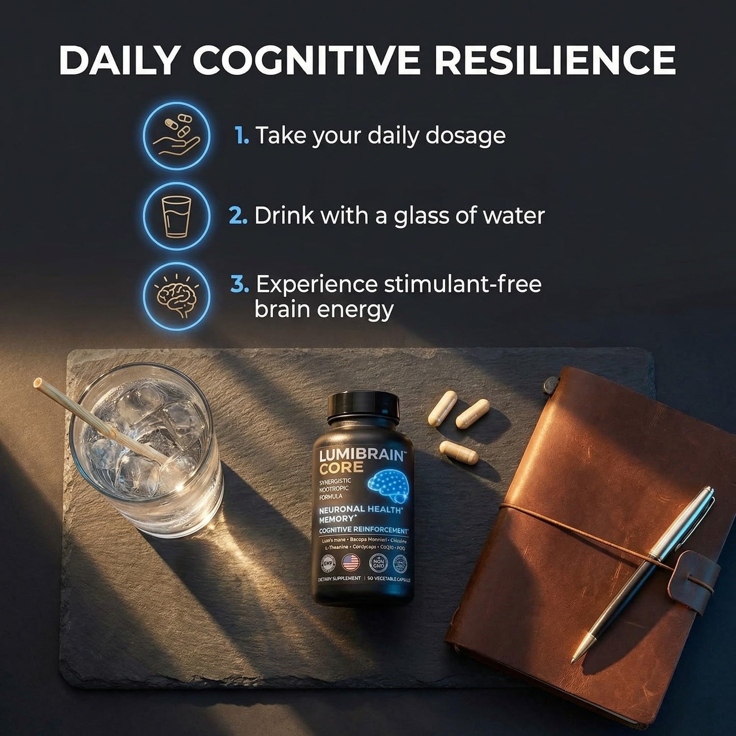 LumiBrain CORE Brain Supplement for Memory and Focus, Caffeine-Free Nootropic for Brain Energy, 90 Capsules