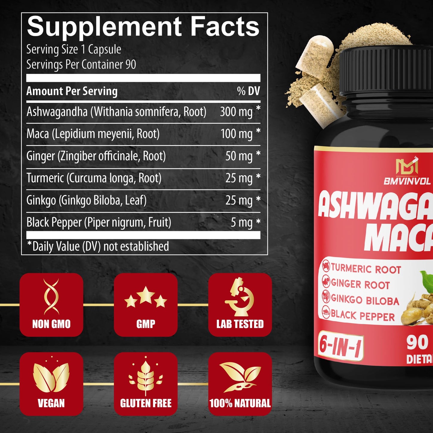 BMVINVOL Ashwagandha Maca Root with Turmeric, Ginger, Ginkgo Biloba, Black Pepper 90 Capsules