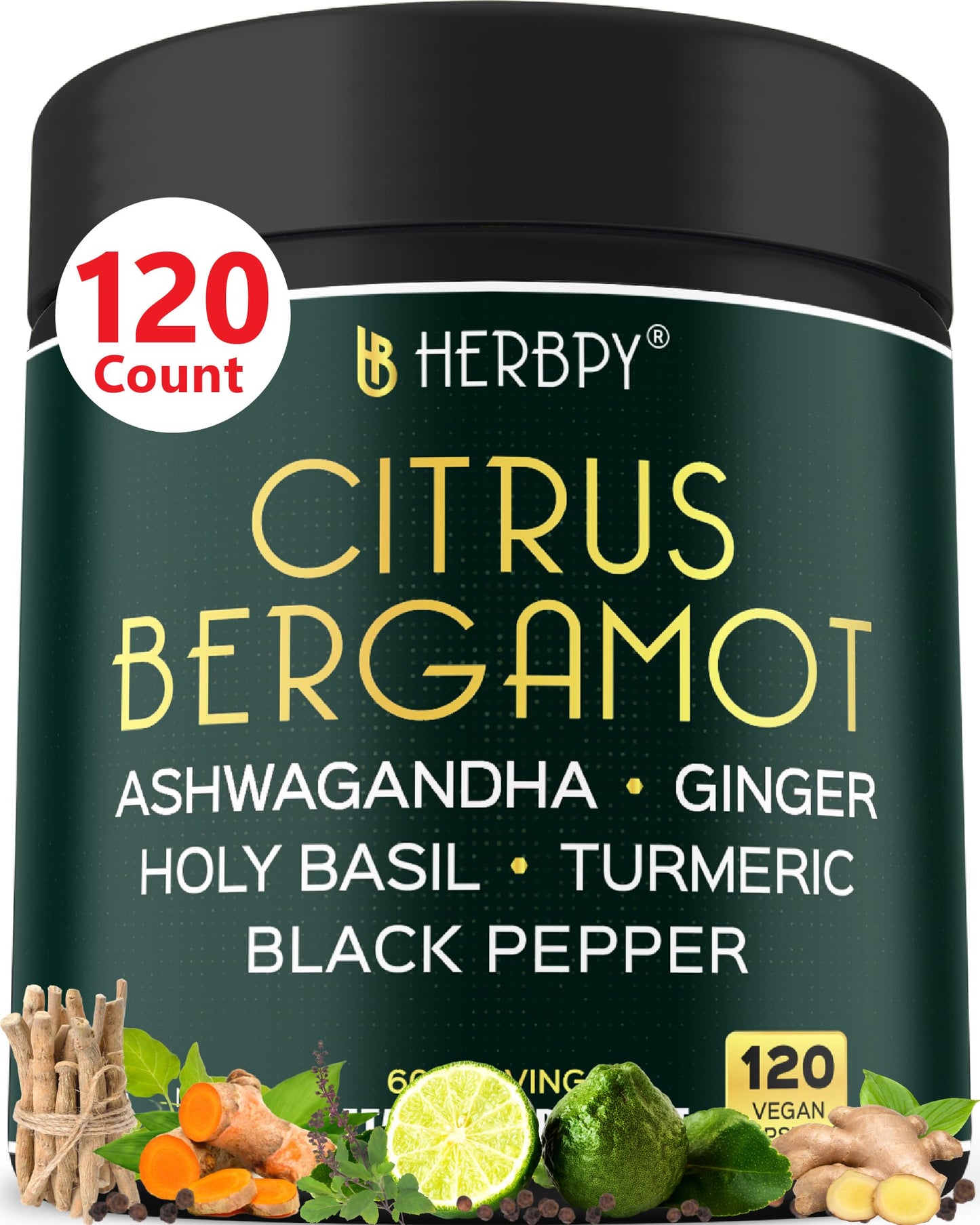 Herbpy 6in1 Citrus Bergamot Supplement with Ashwagandha, Holy Basil, Turmeric & Ginger Root Capsules, 120 Count