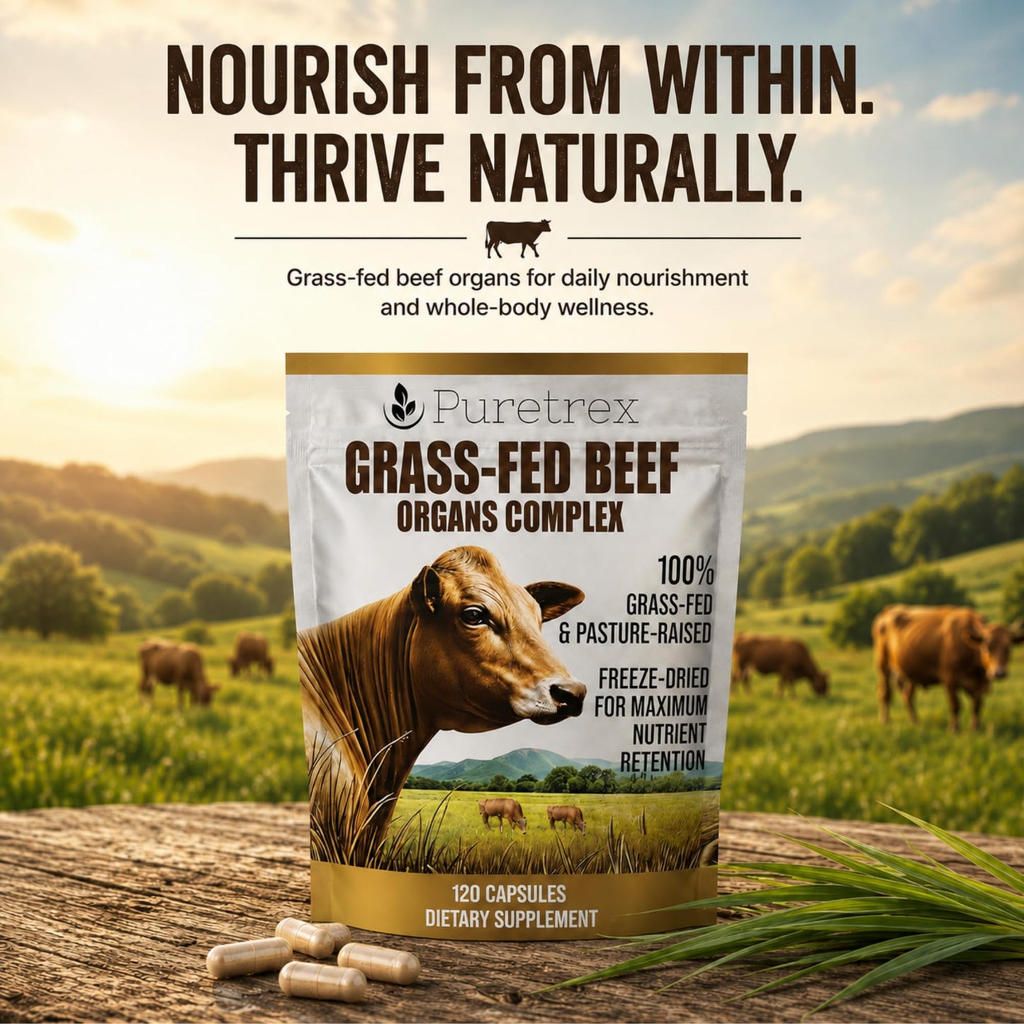 PURETREX Grass-Fed Beef Organs Complex, Freeze-Dried Liver, Heart, Kidney & Spleen Capsules with BioPerine, Beef Organ Supplement for Women and Men, 100% Pasture-Raised, GMO Free, 120 Count