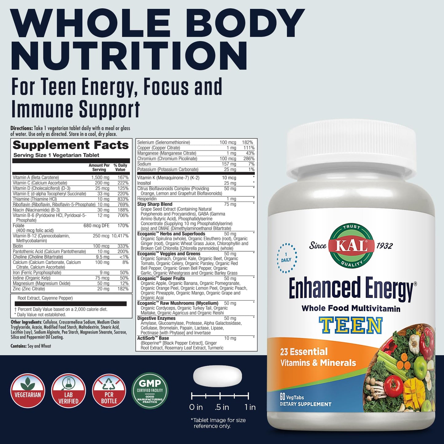KAL Teens Enhanced Energy Multivitamin with Iron, Vegetarian Tablet, 60 Tablets