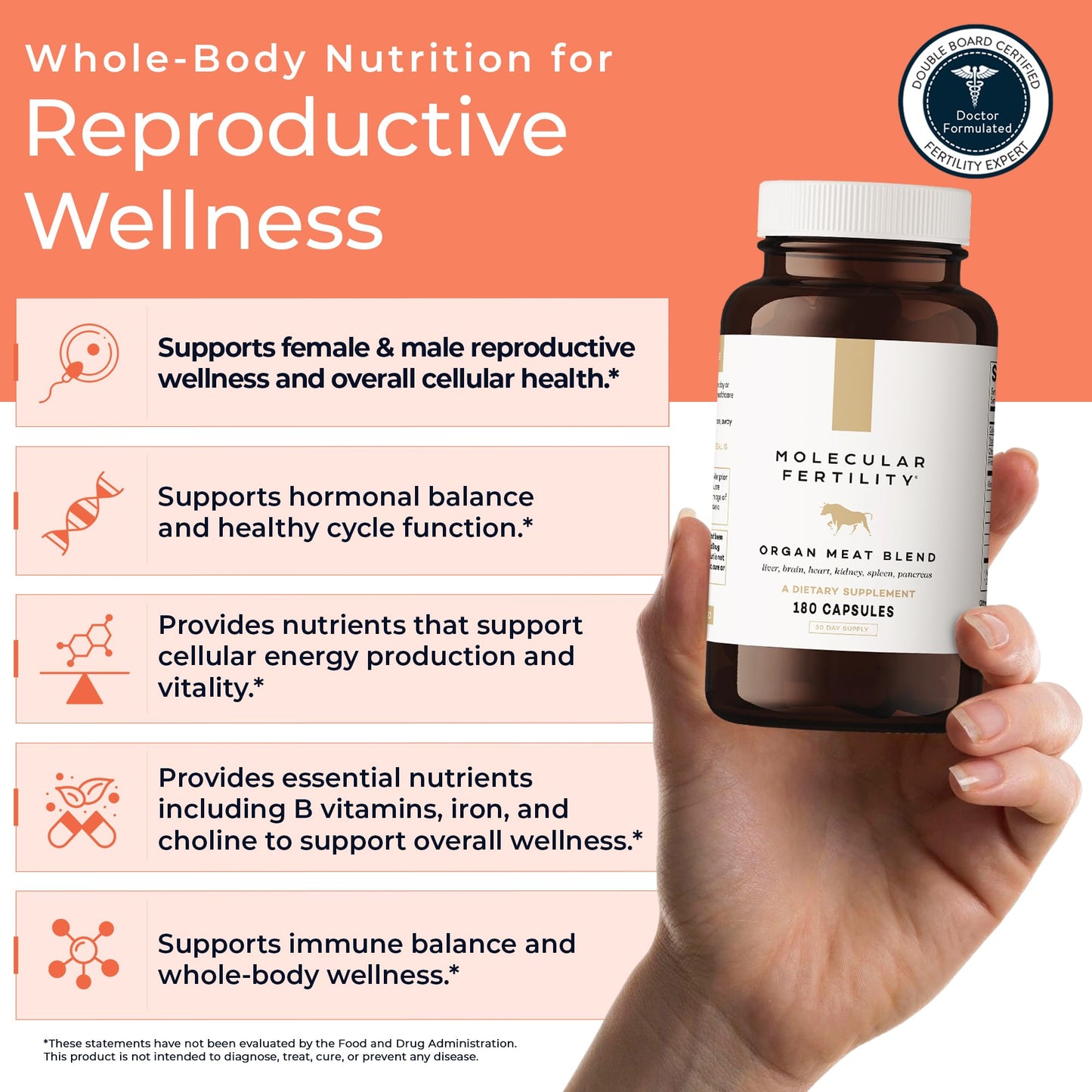 Molecular Fertility Beef Organ Complex - Pasture-Raised, Grass Fed Beef Liver, Brain, Heart, Spleen, Pancreas Blend, Healthy Hormone Balance and Fertility Supplement for Women and Men, 180 Capsules