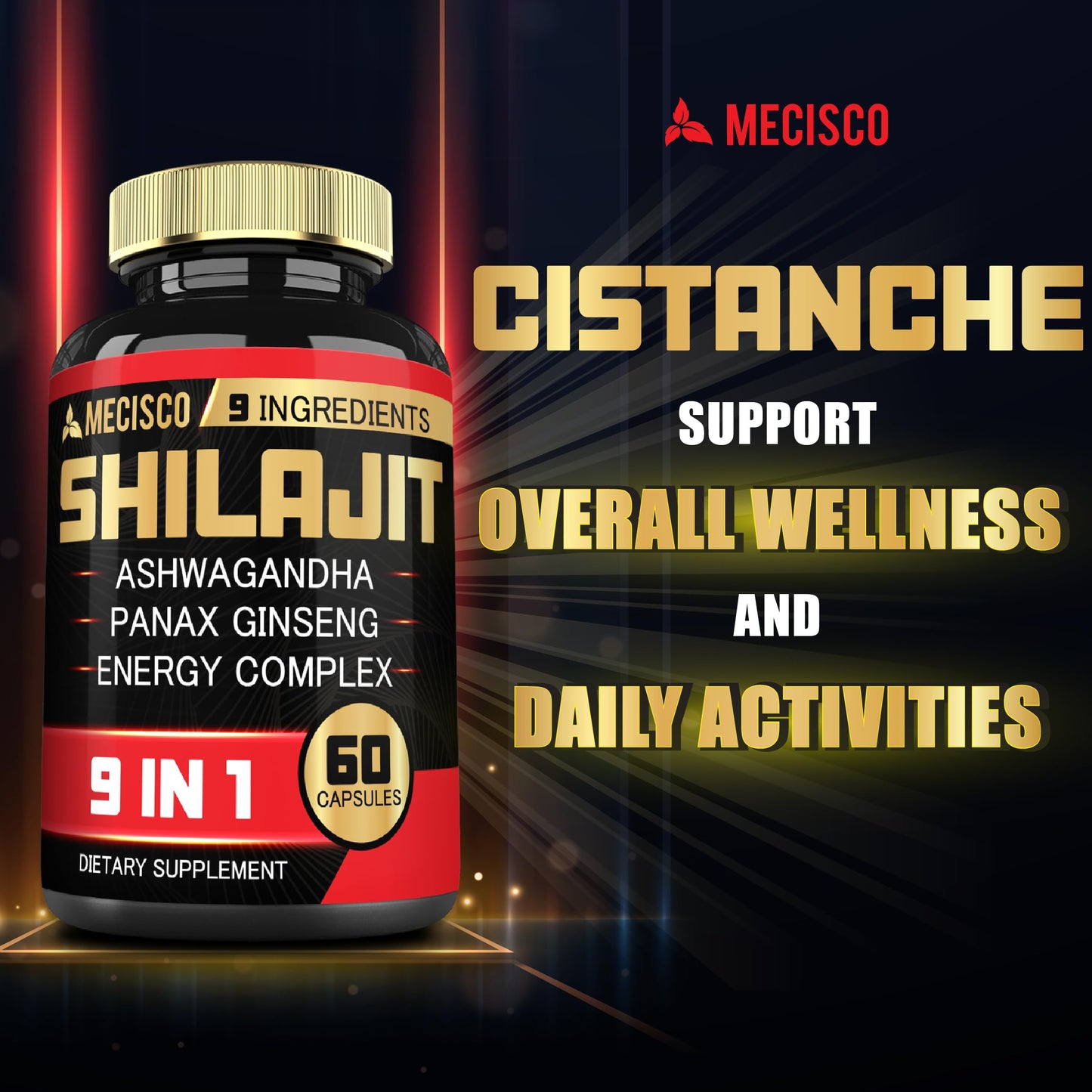 Mecisco Shilajit Supplement with Ashwagandha Root, Panax Ginseng, L-Arginine, Chaga & More Capsules 60 Count