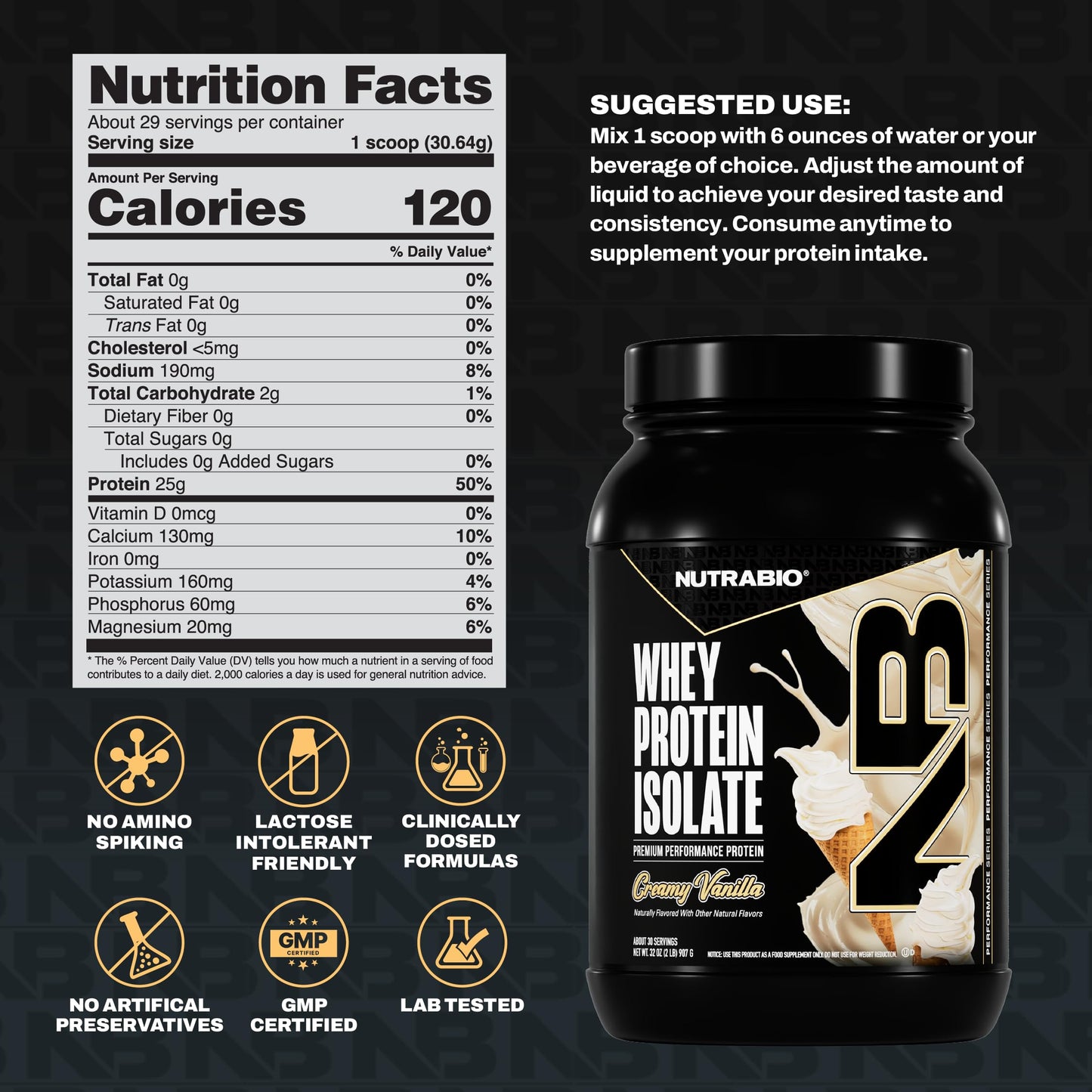 NutraBio 100% Whey Protein Isolate Protein Powder, Creamy Vanilla, 32 Servings, 2 Lbs