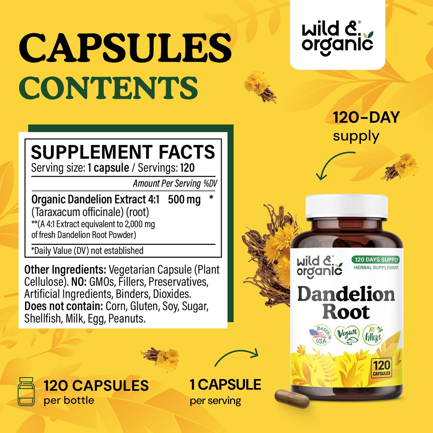 Wild & Organic Dandelion Root Capsules 120 Count