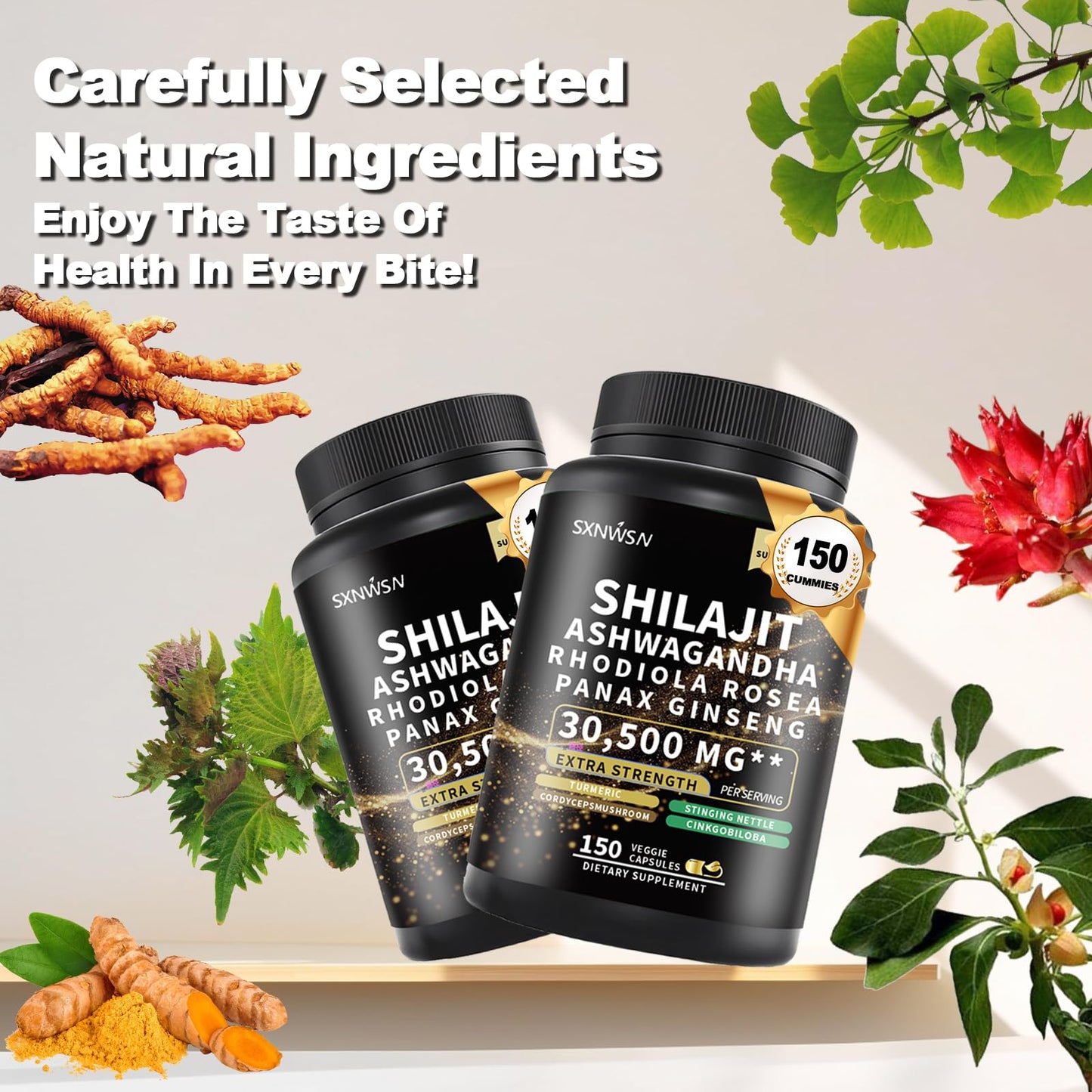 SXNWSN Shilajit Complex with Ashwagandha Rhodiola Rosea Ginseng Cordyceps Capsule, 1 Count