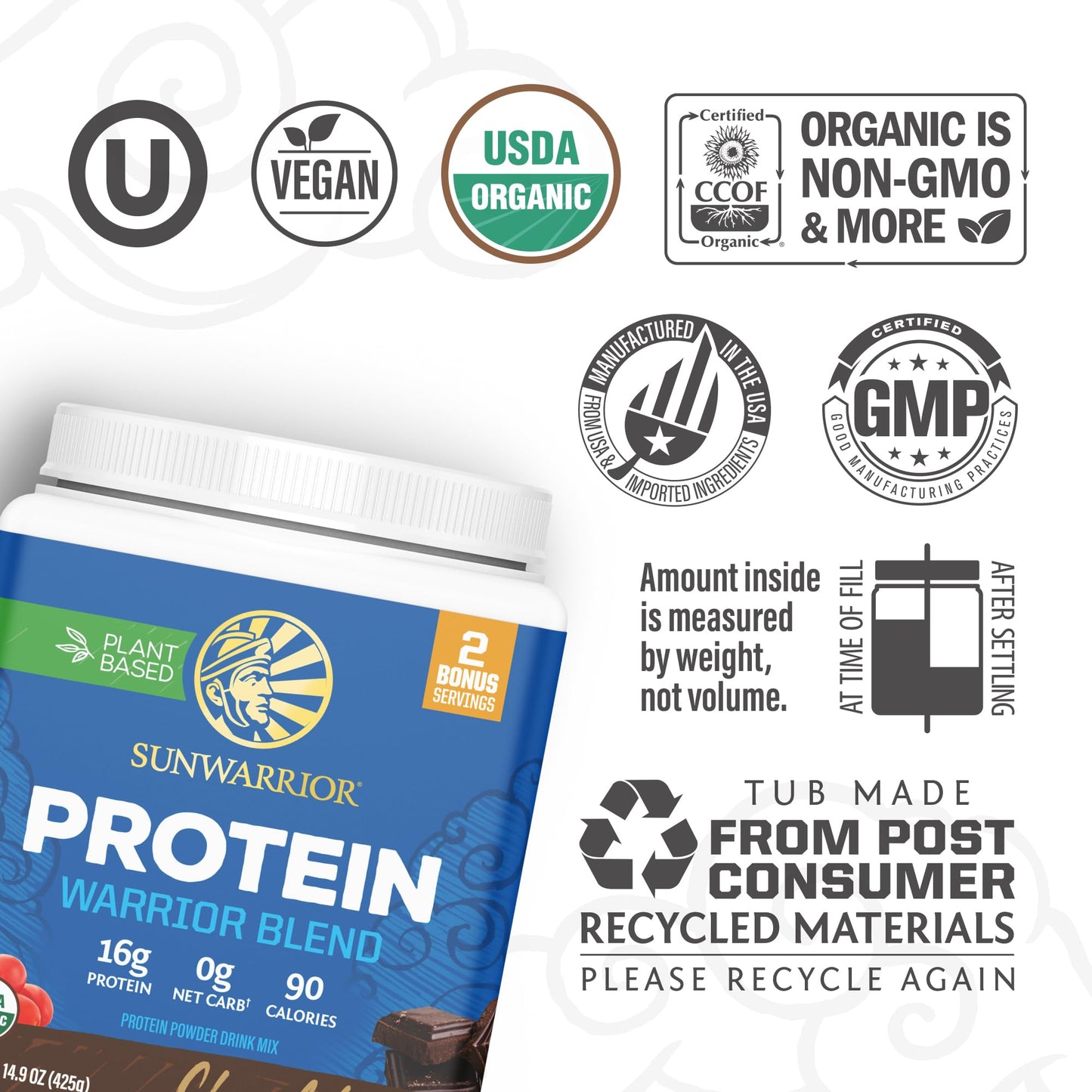 Sunwarrior Organic Plant Based Protein Powder Chocolate Flavor, 17 Servings