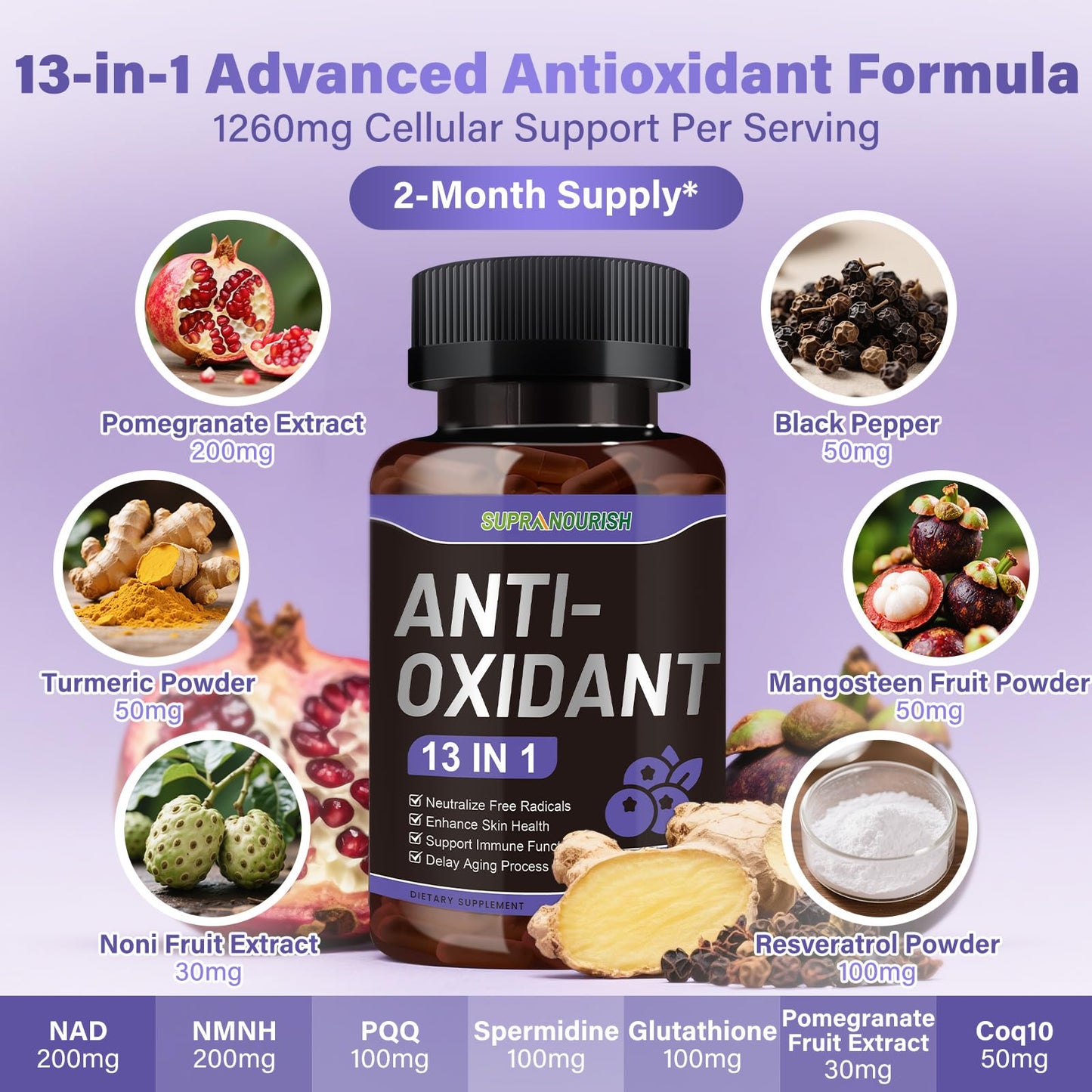 SUPRANOURISH 13-in-1 Antioxidants Supplement with NAD, NMNH, Resveratrol, Glutathione & PQQ - Natural Herbal & Fruit Formula, 120 Capsules