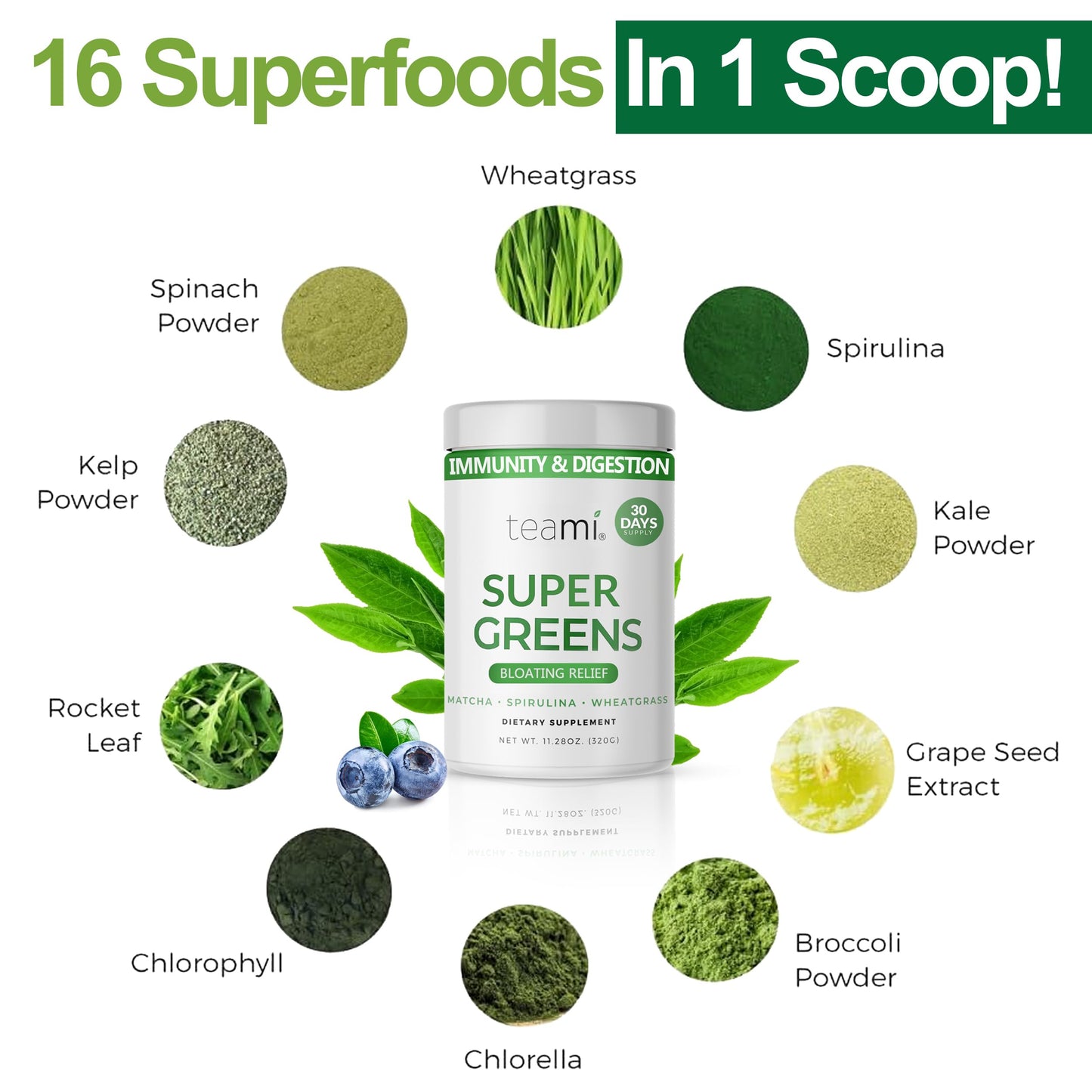 Teami Organic Super Greens Powder for Immunity & Digestion, 11.28 Ounce