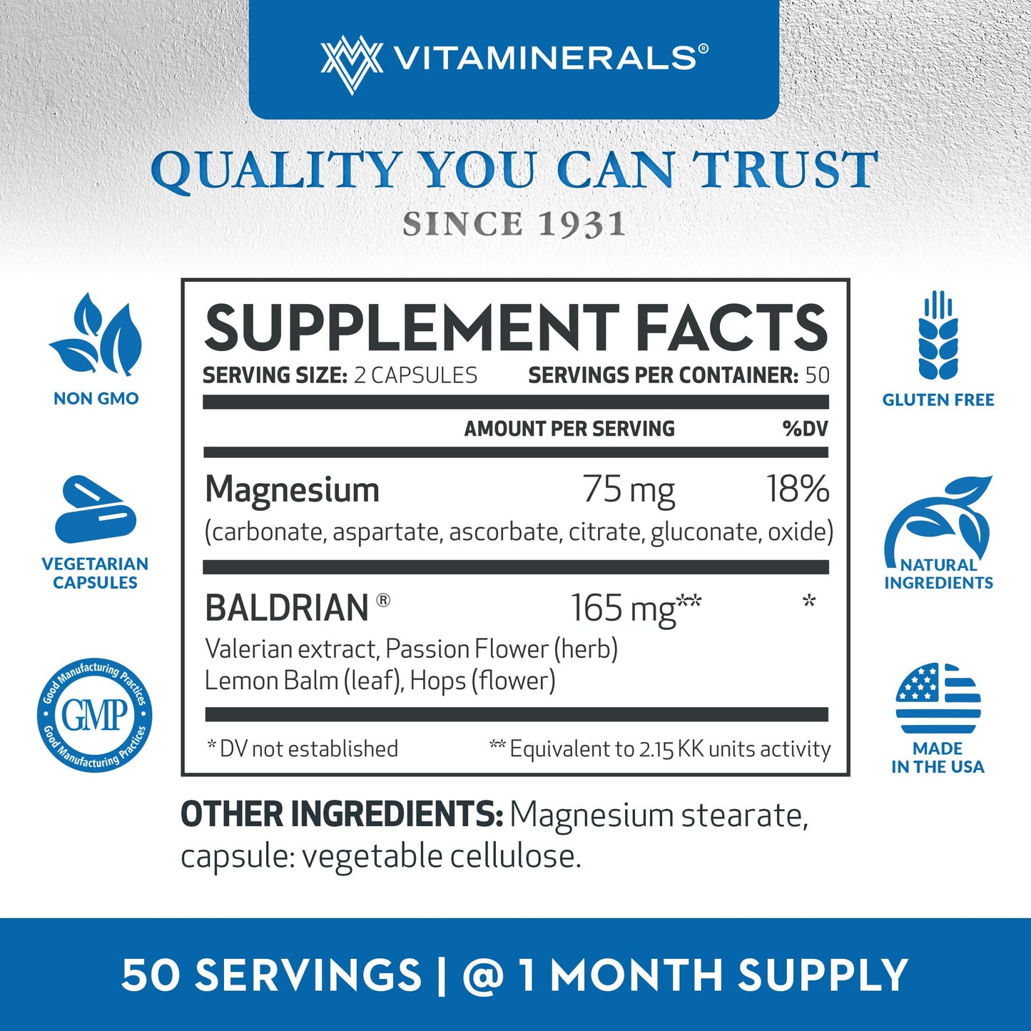 Vitaminerals Baldrian Original Natural Relaxing Support Standardized Valerian Capsule, 100 Count