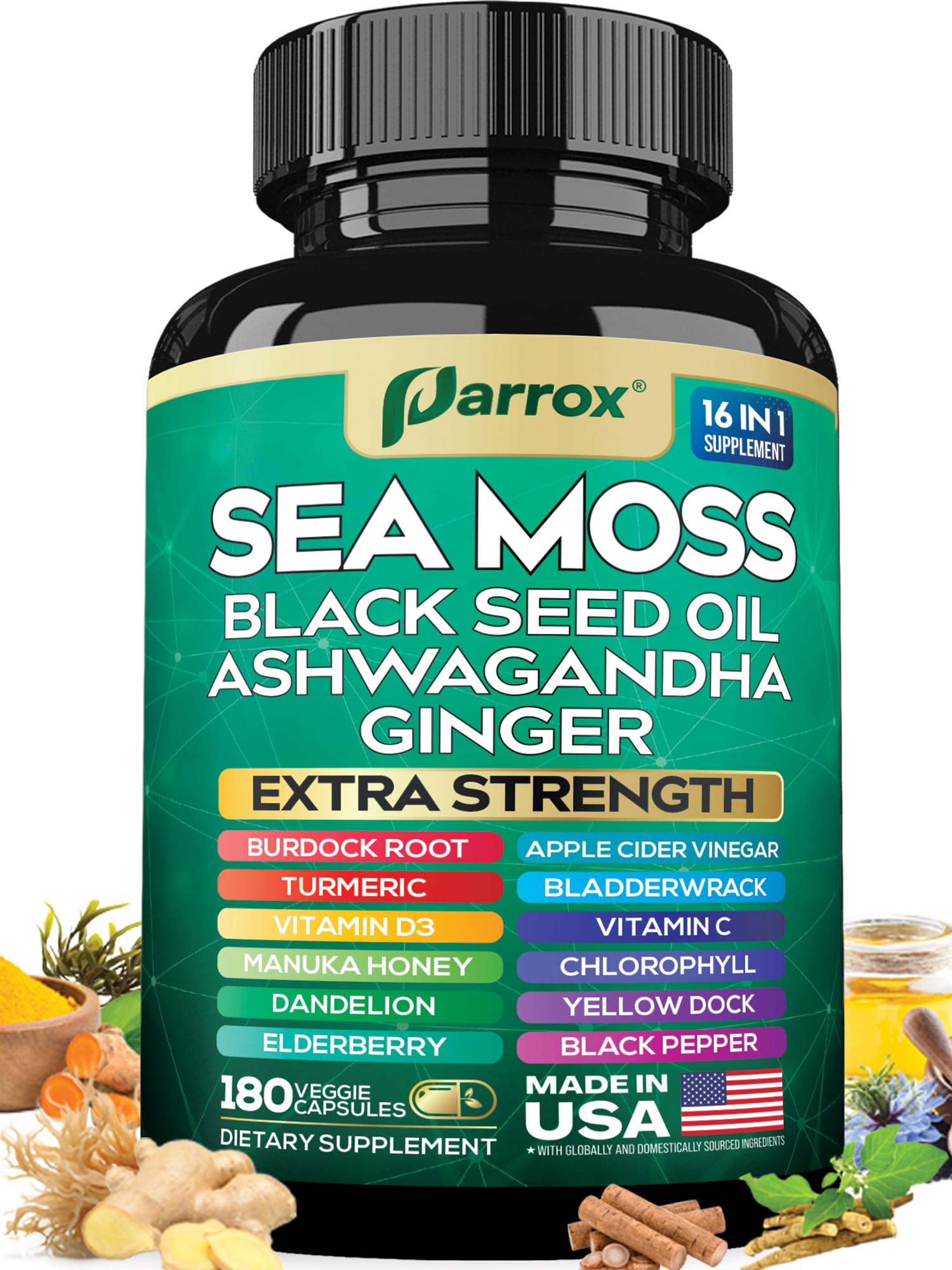 Parrox Sea Moss Black Seed Oil Supplement, 16-in-1 Ashwagandha Capsule, 180 Count