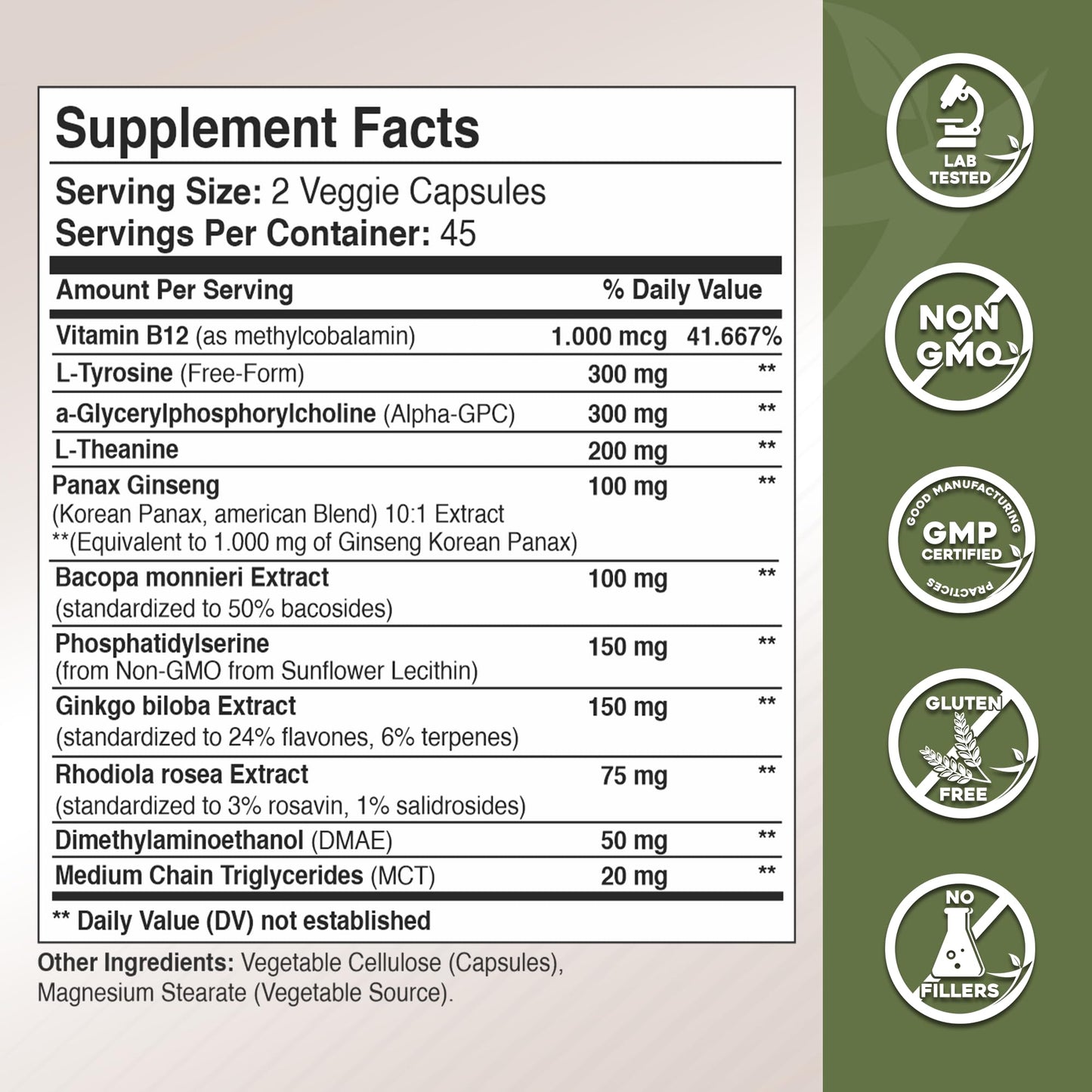 GADE NUTRITION BOOST YOUR HEALTH Alpha GPC + Ginkgo Biloba + Panax Ginseng + L-Tyrosine, L-Theanine, Bocopa Monnieri, Rhodiola Rosea, B12, MCT Capsules 90 Count