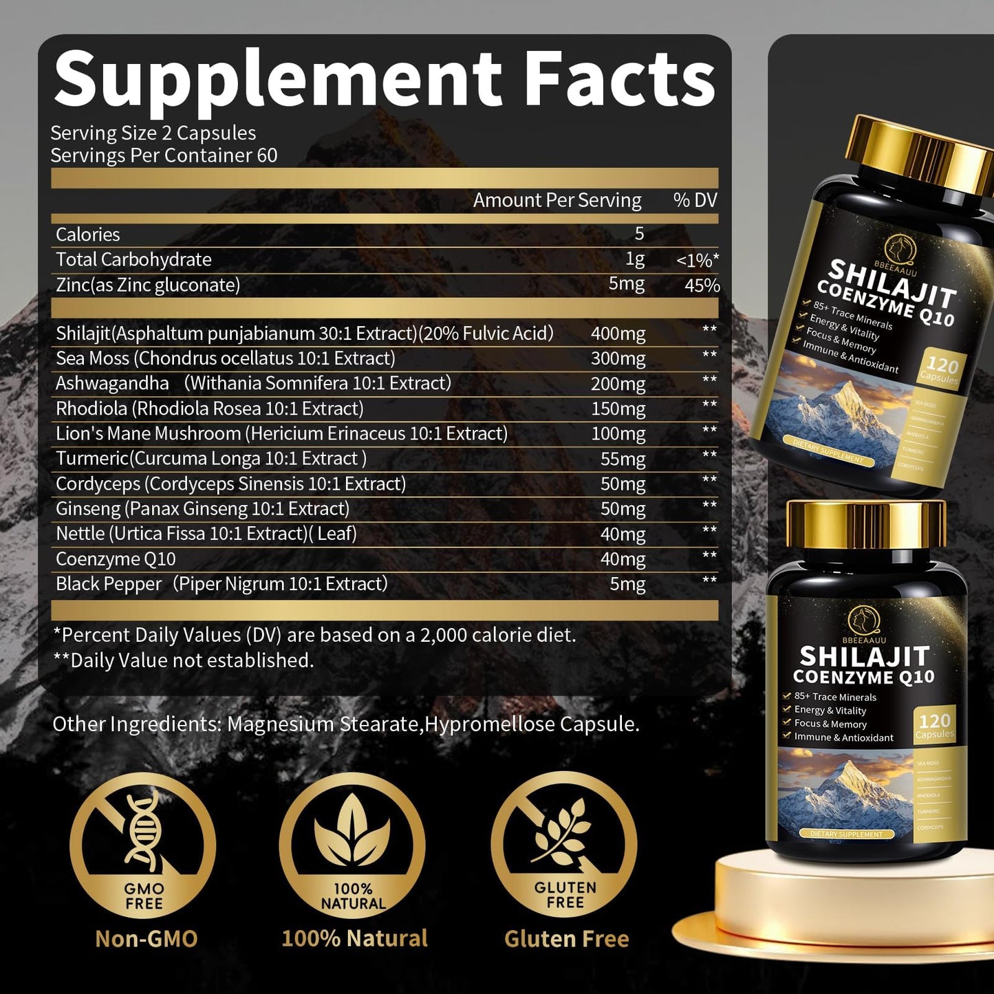 BBEEAAUU Shilajit for Men with Sea Moss & Ashwagandha, 12 in 1 Himalayan Shilajit Supplements Capsules, 120 Capsules