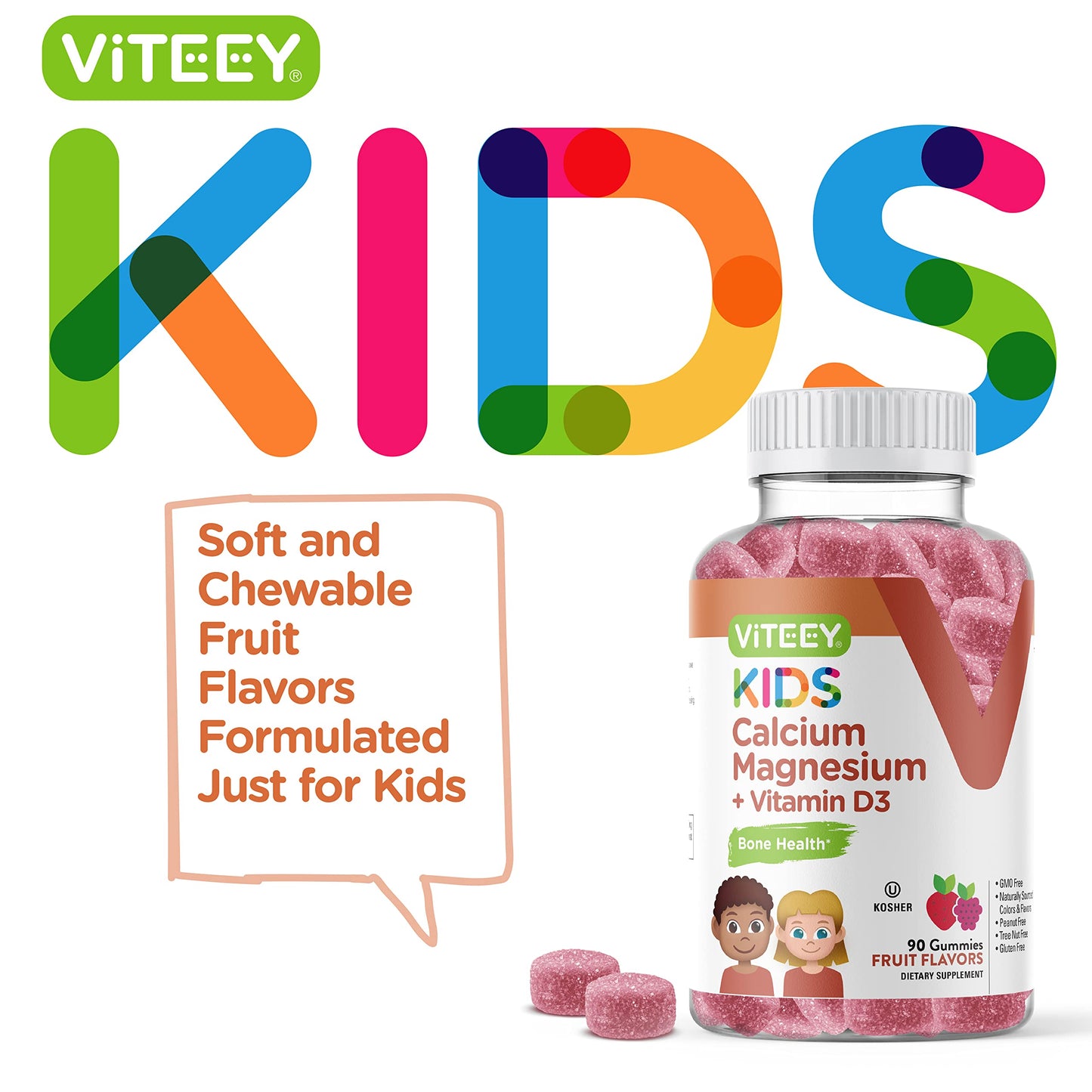 Viteey Kids Calcium Gummies +Vitamin D3 & Magnesium Citrate, 180 Count