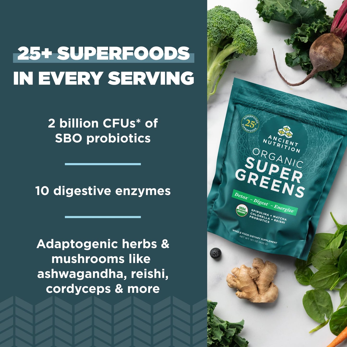 Ancient Nutrition Multi Collagen Peptides Protein Powder, Unflavored, 100 Servings + Organic Supergreens Powder, Unflavored, 50 Servings