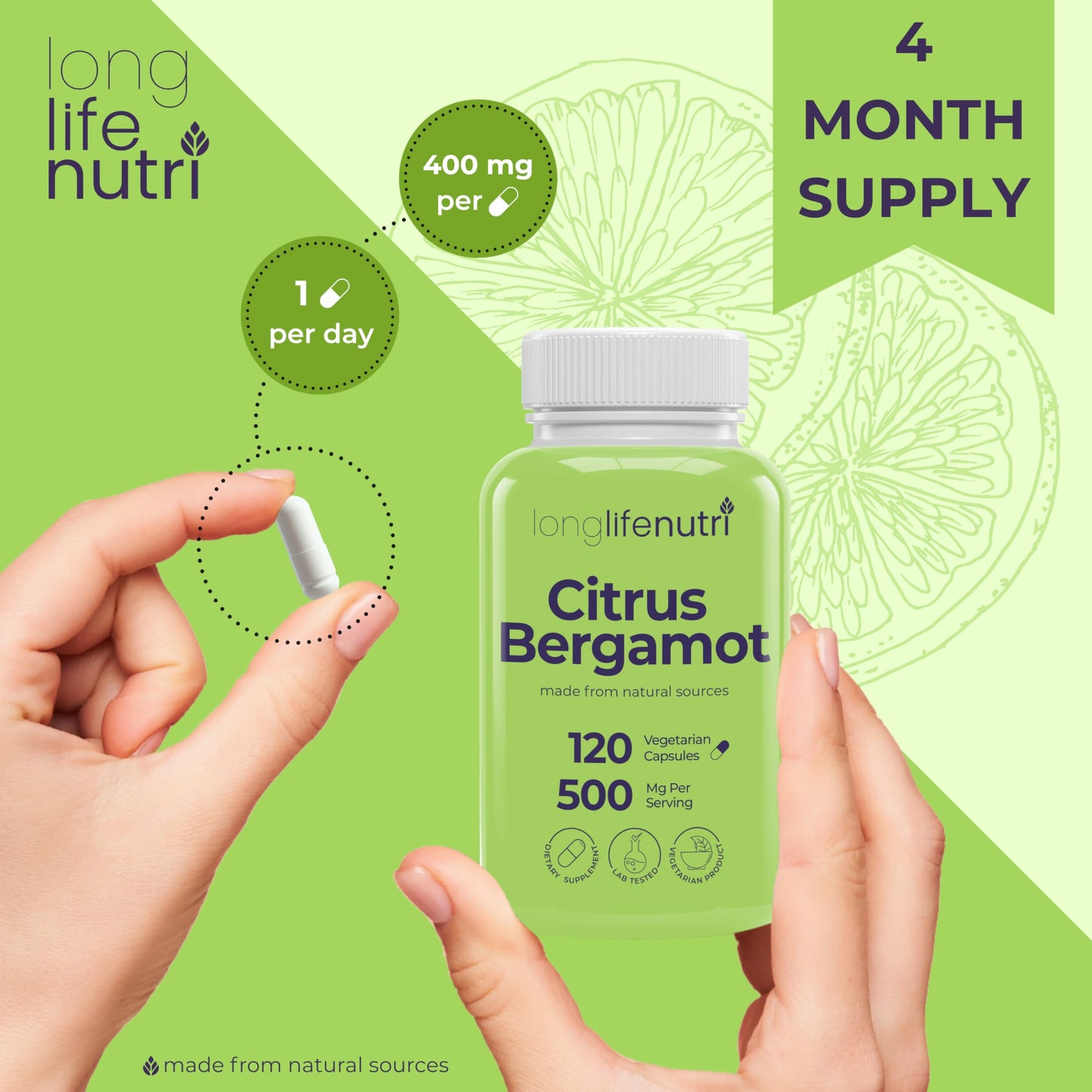 LongLifeNutri Citrus Bergamot Extract 500mg Capsules 120 Count