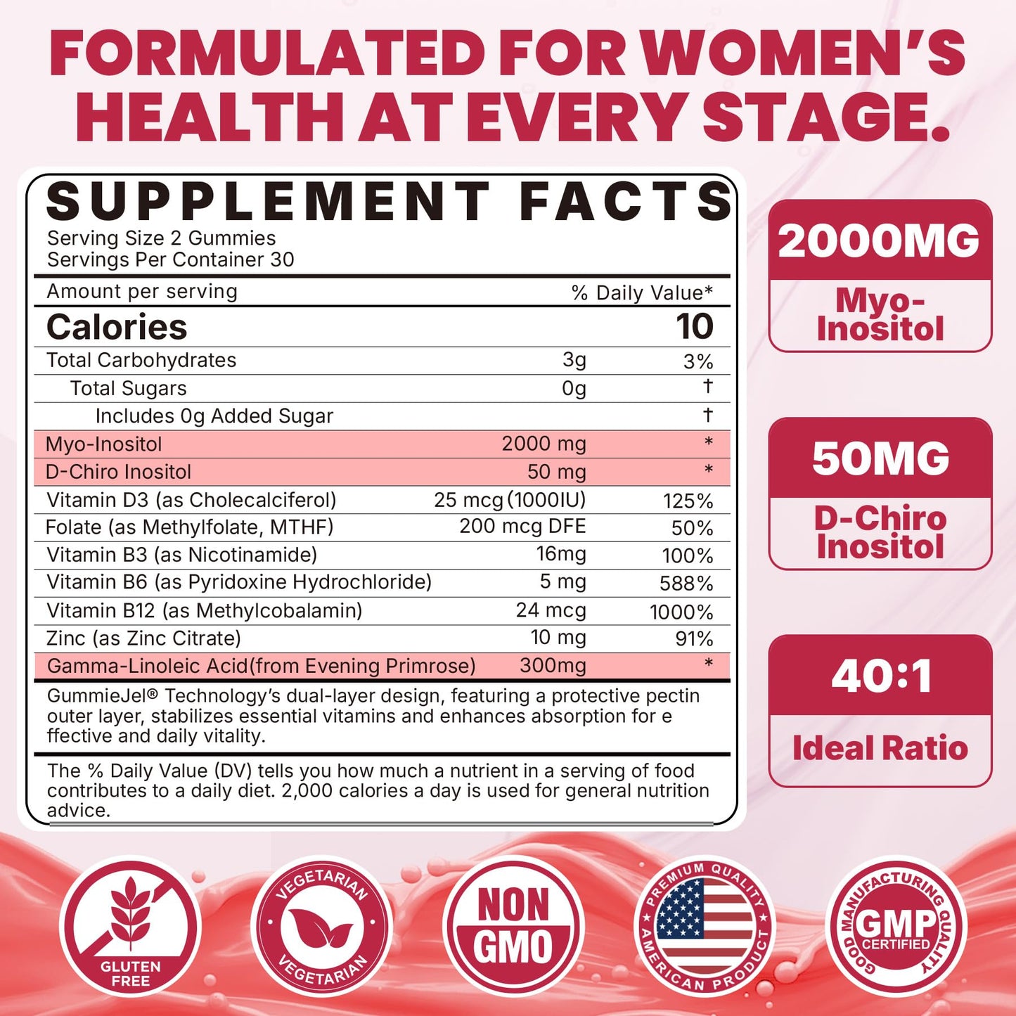 Nextdia Inositol Gummies with Evening Primrose Oil, 40:1 Ratio Myo-Inositol 2000mg & D-Chiro Inositol 50mg, Vitamin D3 B6 B12 & Zinc, Sugar-Free, Vegan, 60 Gummies