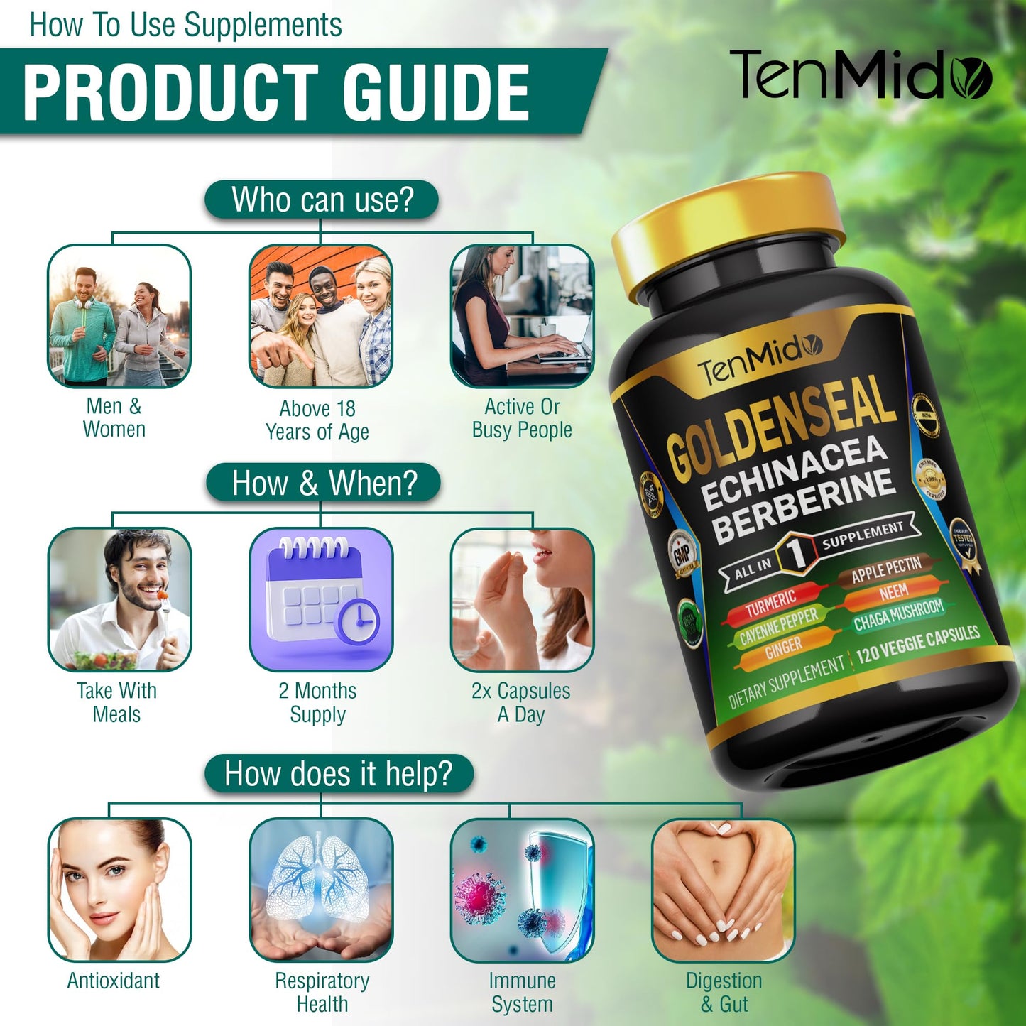 Tenmido Goldenseal Root Supplement 10in1 Formula Capsules 120 Count
