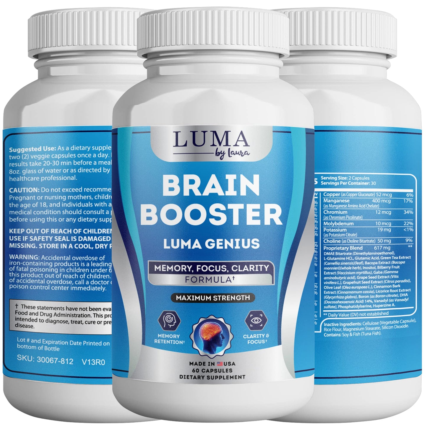 Luma By Laura Brain Support Supplement for Clarity, Memory, Mood, Focus, Mental Performance - Natural Nootropic for Cognitive Function with GABA and Green Tea Extract, 60 Capsules