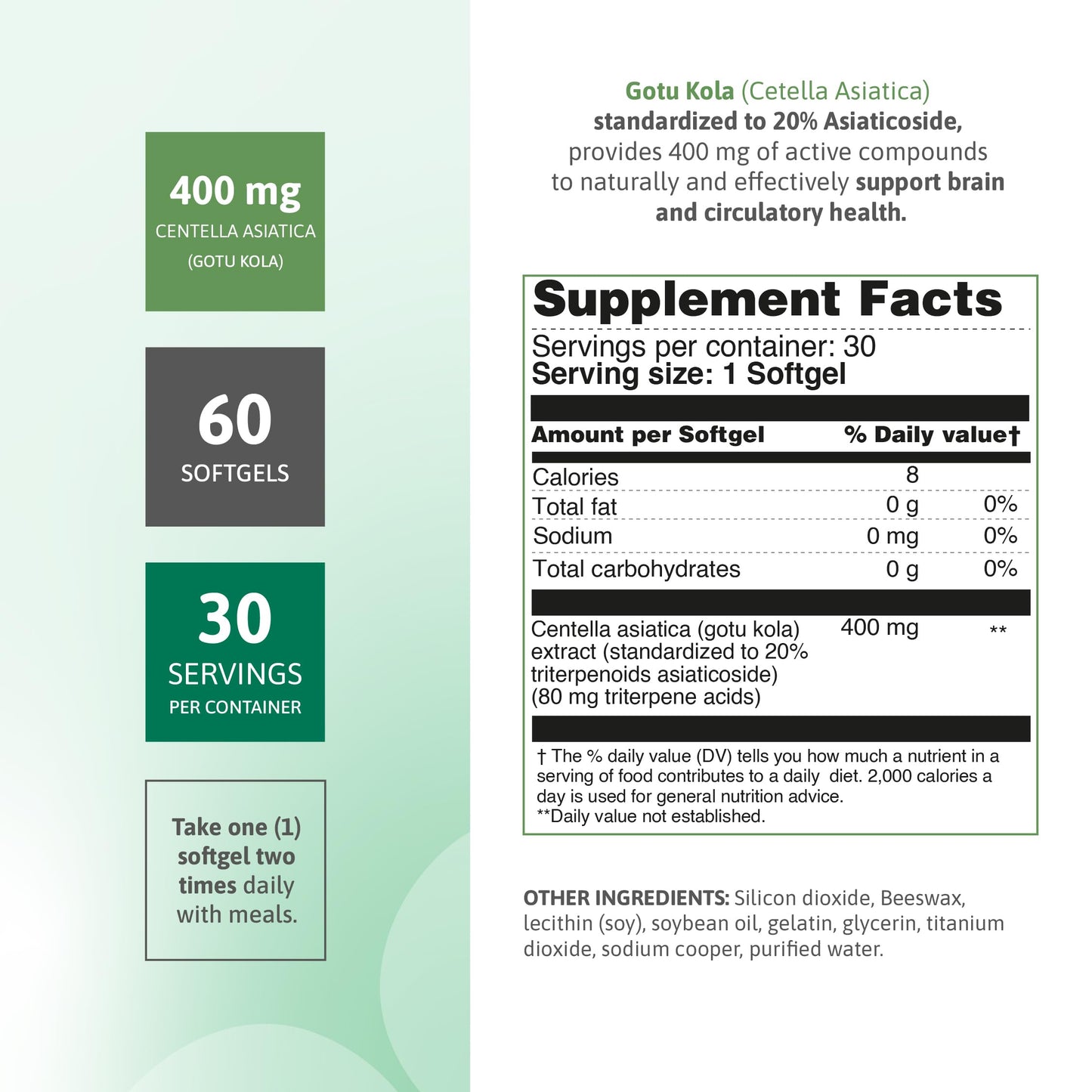 Nutra Nutrition Gotu Kola 400 mg (Centella Asiatica) – Standardized to 20% Asiaticosides – Supports Circulation, Cognitive Function & Skin Health – 60 Capsules