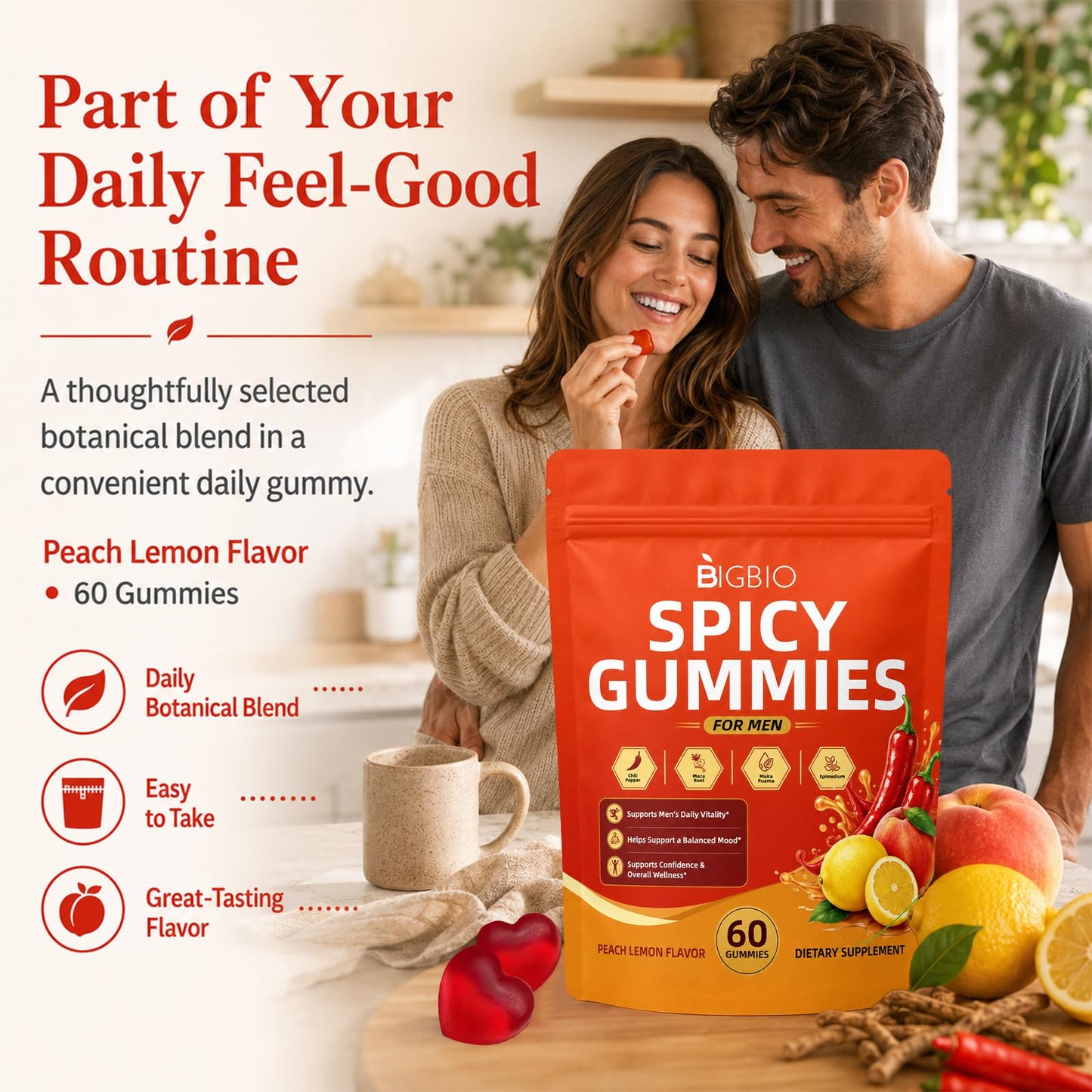 BIGBIO Spicy Gummies Cubes, Adults Hot Peach Gummy with Chili Pepper, Muira Puama, Maca Root and Epimedium, Plant-Based Daily Wellness Support, Vegan, Non-GMO, 60 Gummies