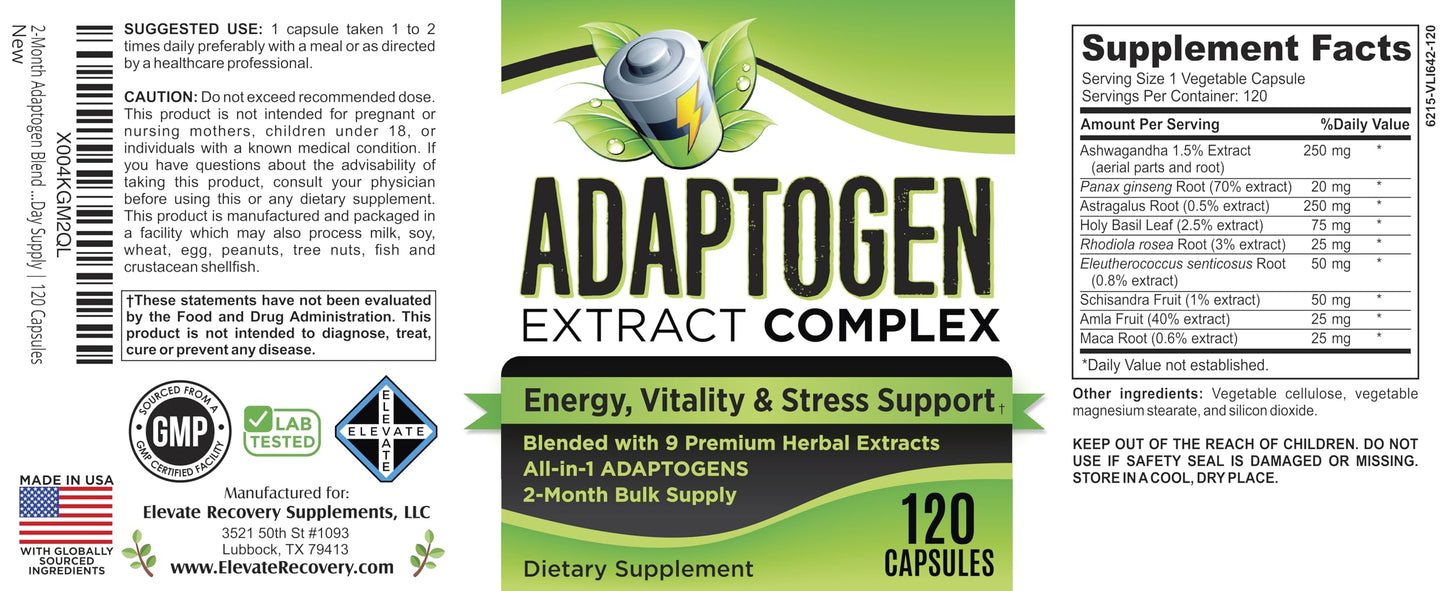 Elevate Recovery Supplements 2-Month Adaptogens Extract/Complex 9-in-1 Adaptogenic Formula for Men & Women Capsules 120 Count