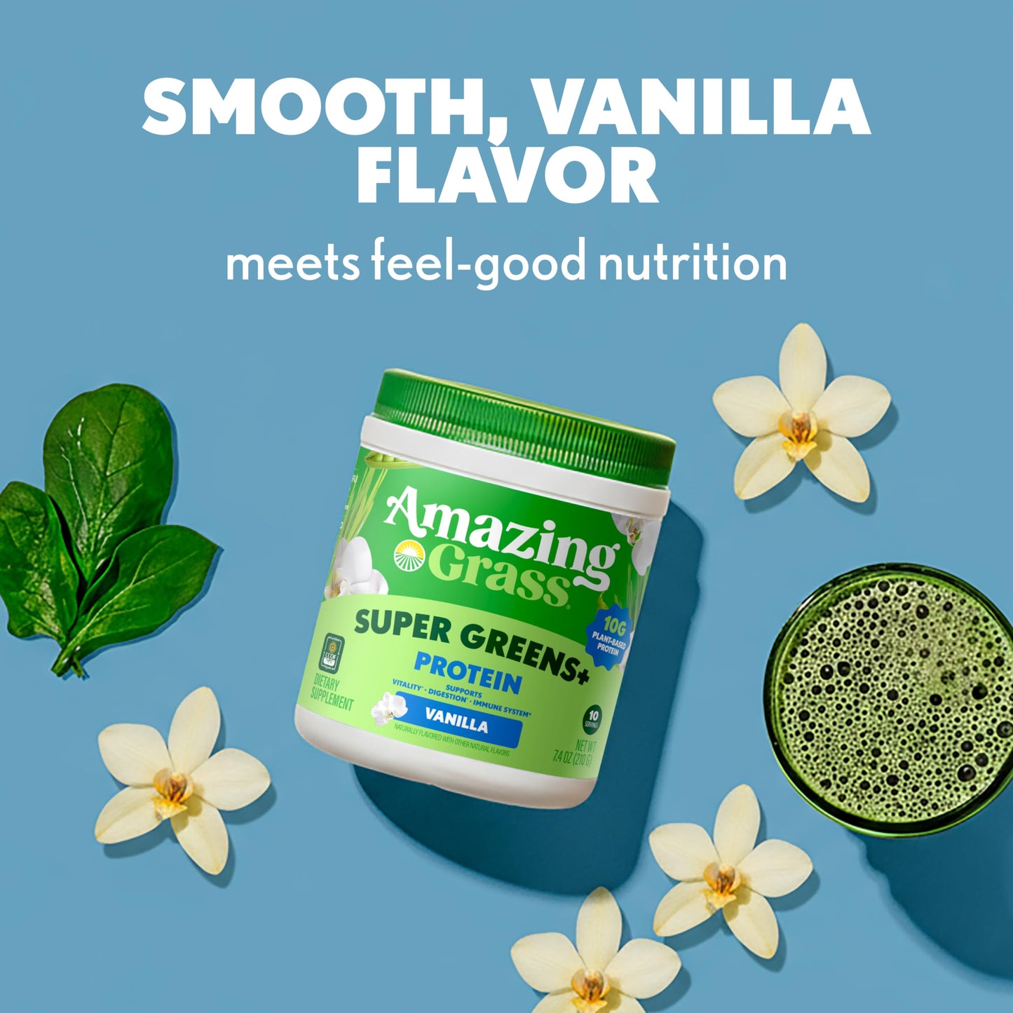 Amazing Grass Super Greens+ Protein Powder Vanilla 7.4 Ounce, 10 Servings