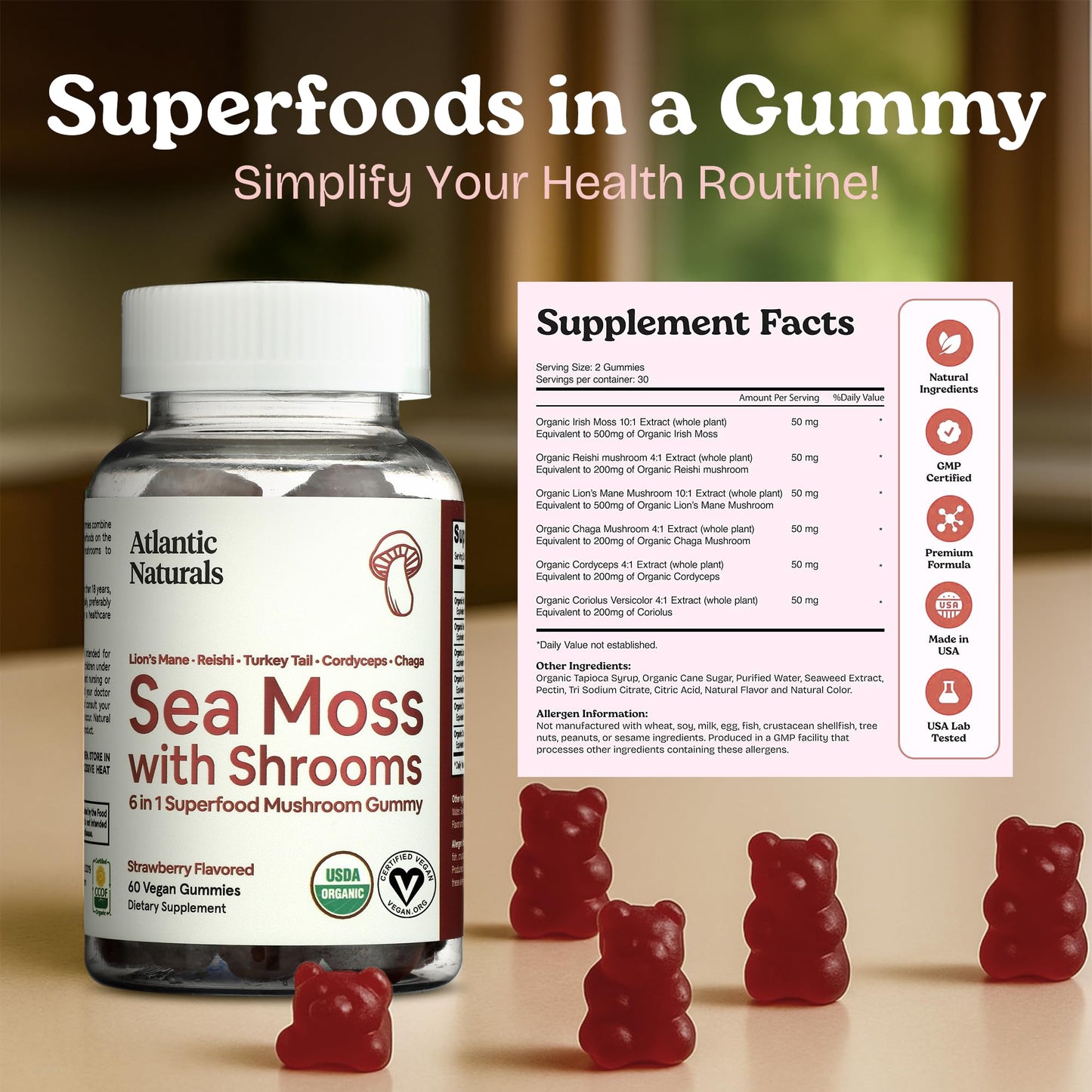 Atlantic Naturals Sea Moss Gummies with Lions Mane Mushroom 60 Gummies