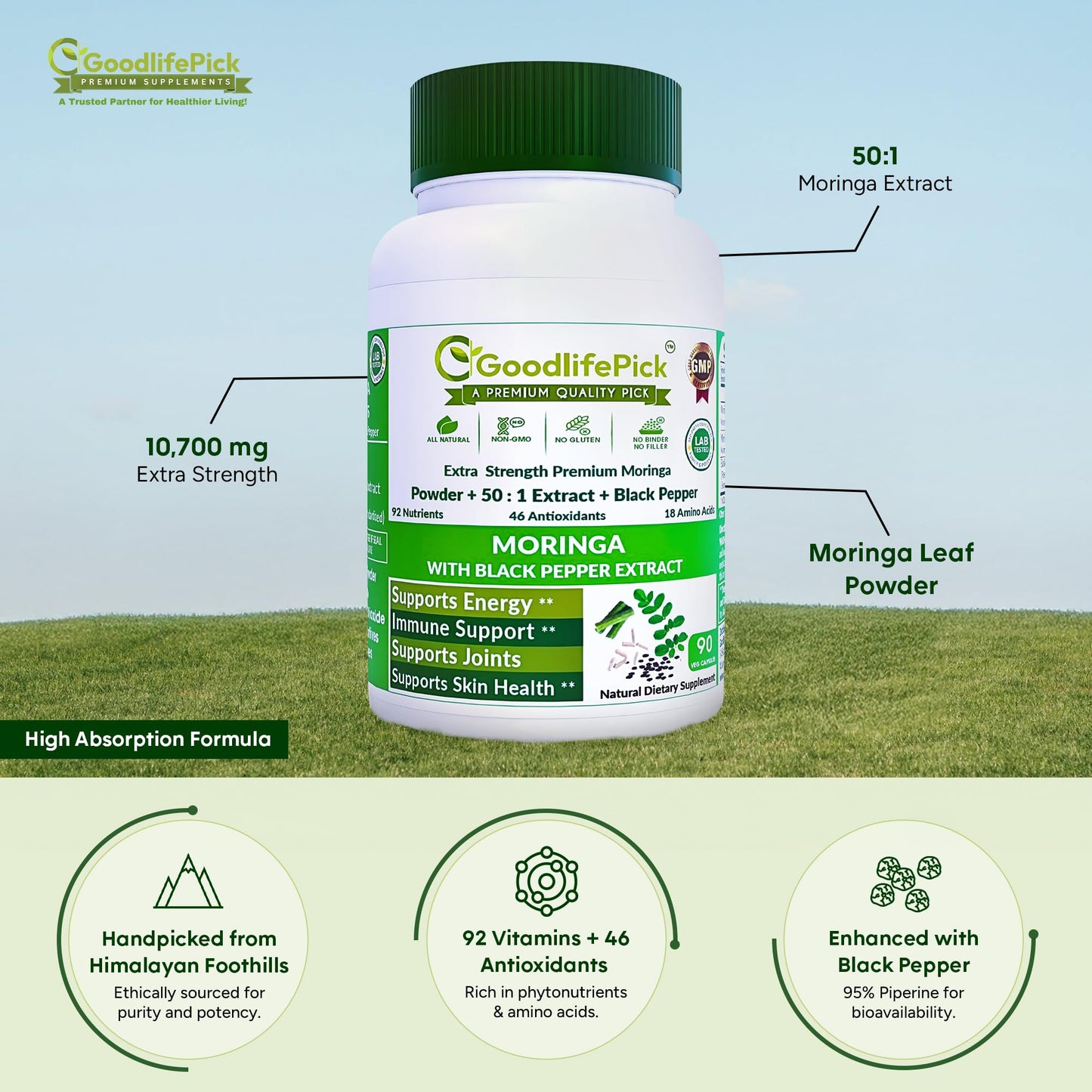 GoodlifePick Premium Moringa Capsules with Black Pepper, 90 Capsules