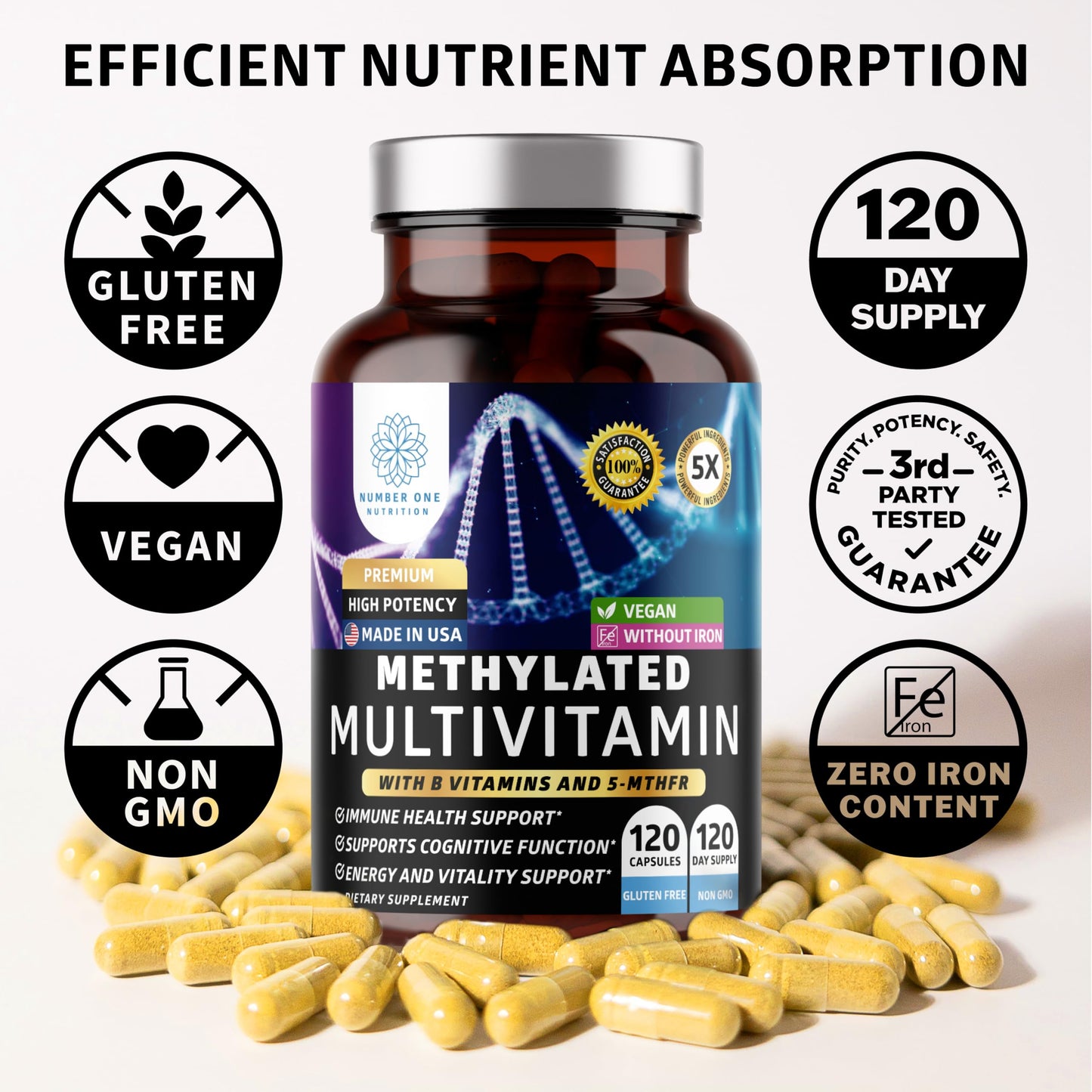 Number One Nutrition Methylated Multivitamin for Women & Men, Natural Daily Multivitamins with Folate, Vitamin B12, Vitamin B2 and B6, Non-GMO, Gluten-Free, 120 Capsules