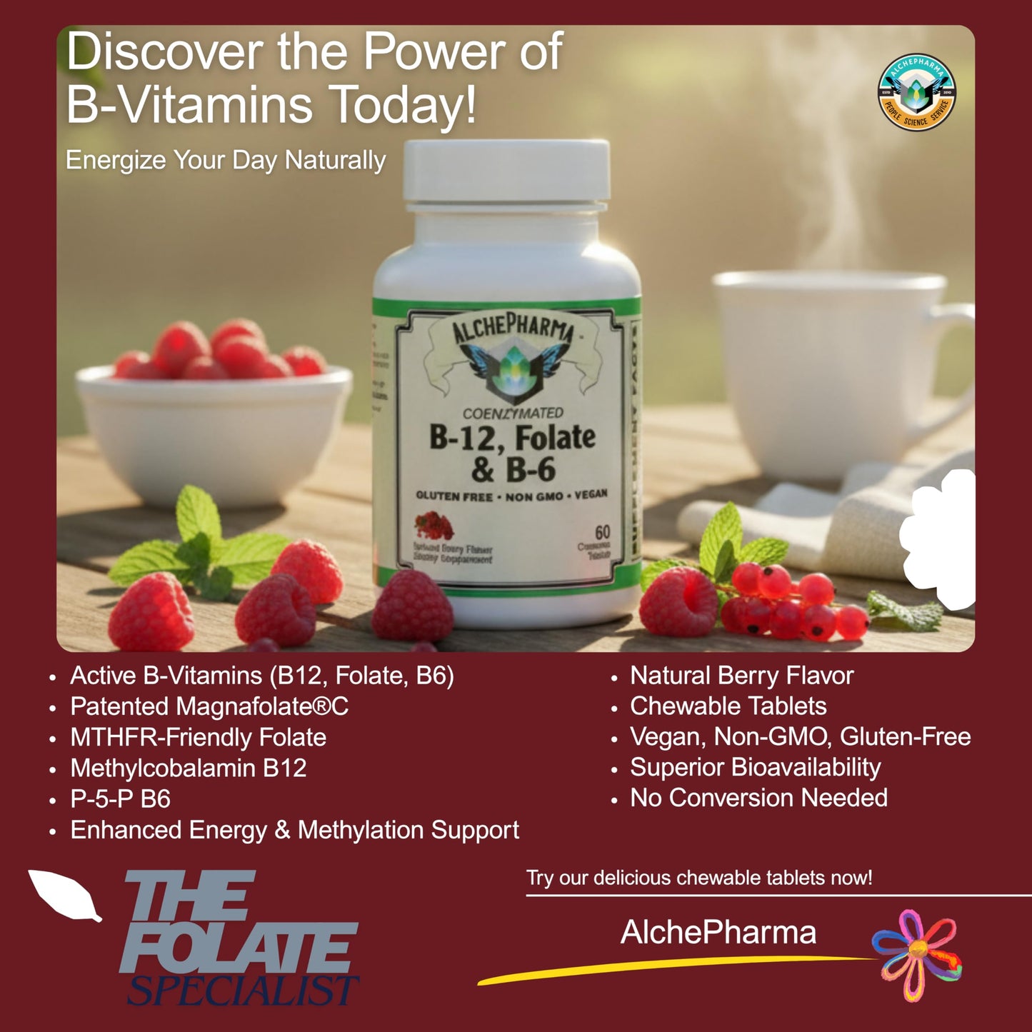 AlchePharma Coenzymated B-12, Folate & B-6 Tablets, 60 Count