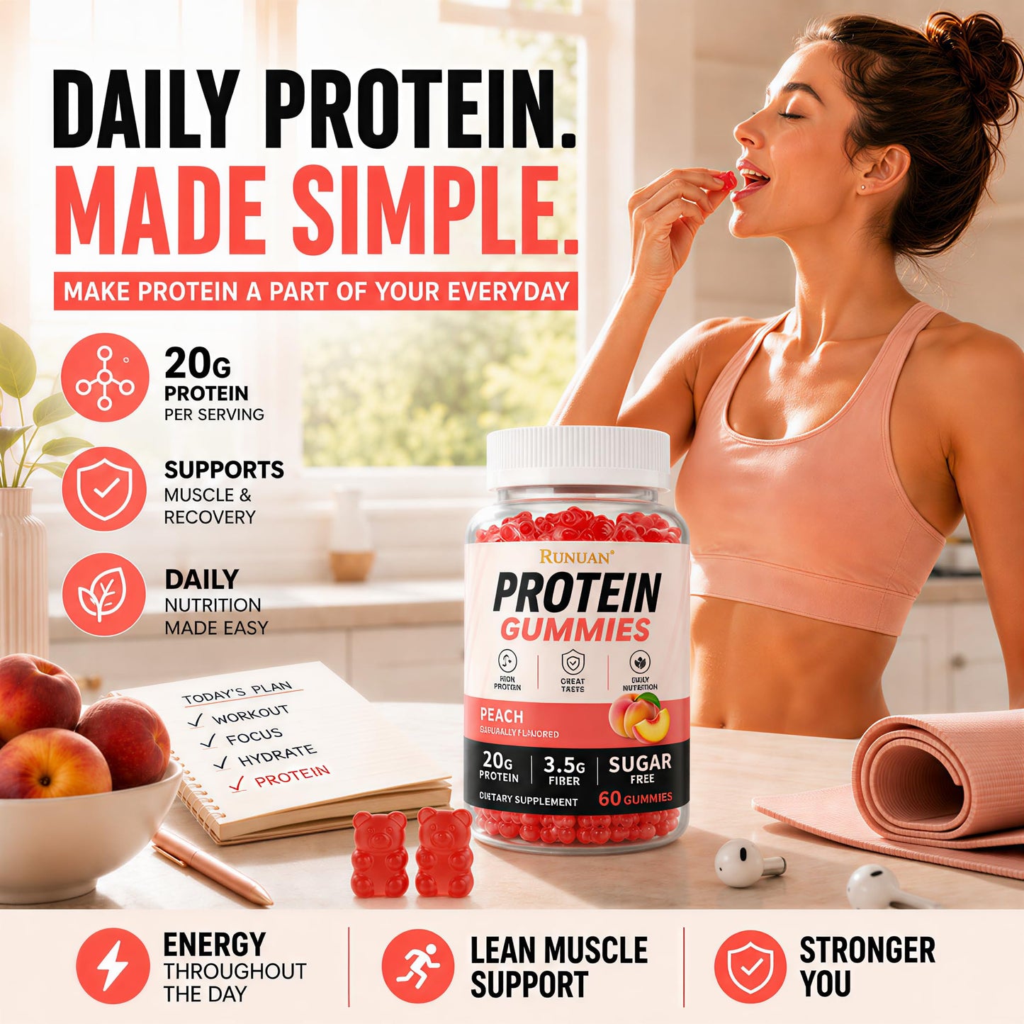 RUNUAN Whey Protein Gummies 20g, Zero Sugar High Protein Snack, 120 Gummies