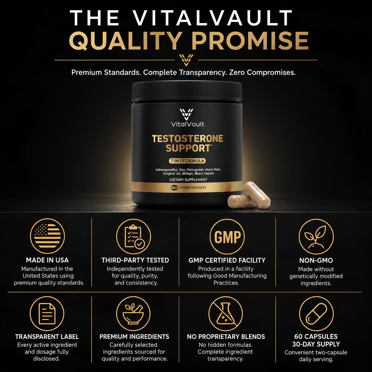VitalVault Natural Testosterone Booster for Men Capsules, 60 Count
