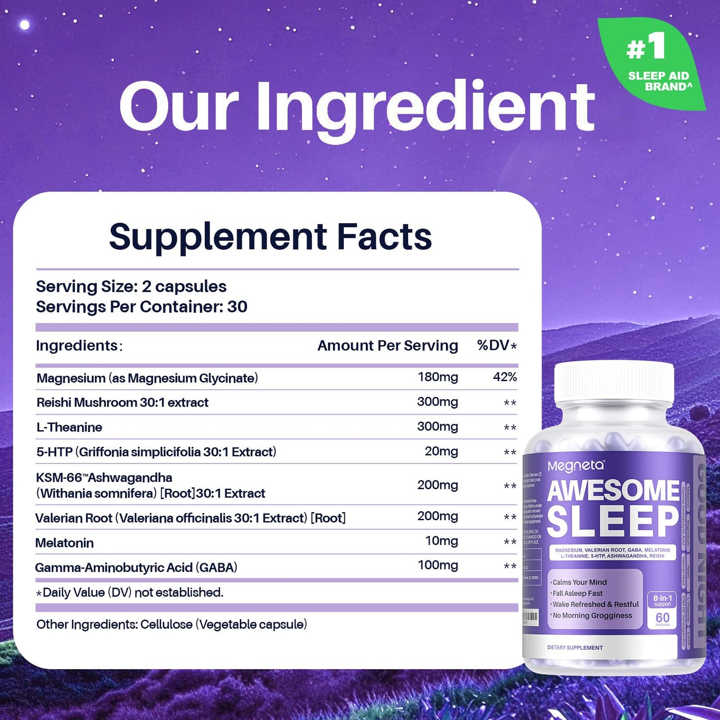 MEGNETA 8-IN-1 All-Natural Sleep Support Supplement for Adults with Ashwagandha, L-Theanine, 60 Capsules