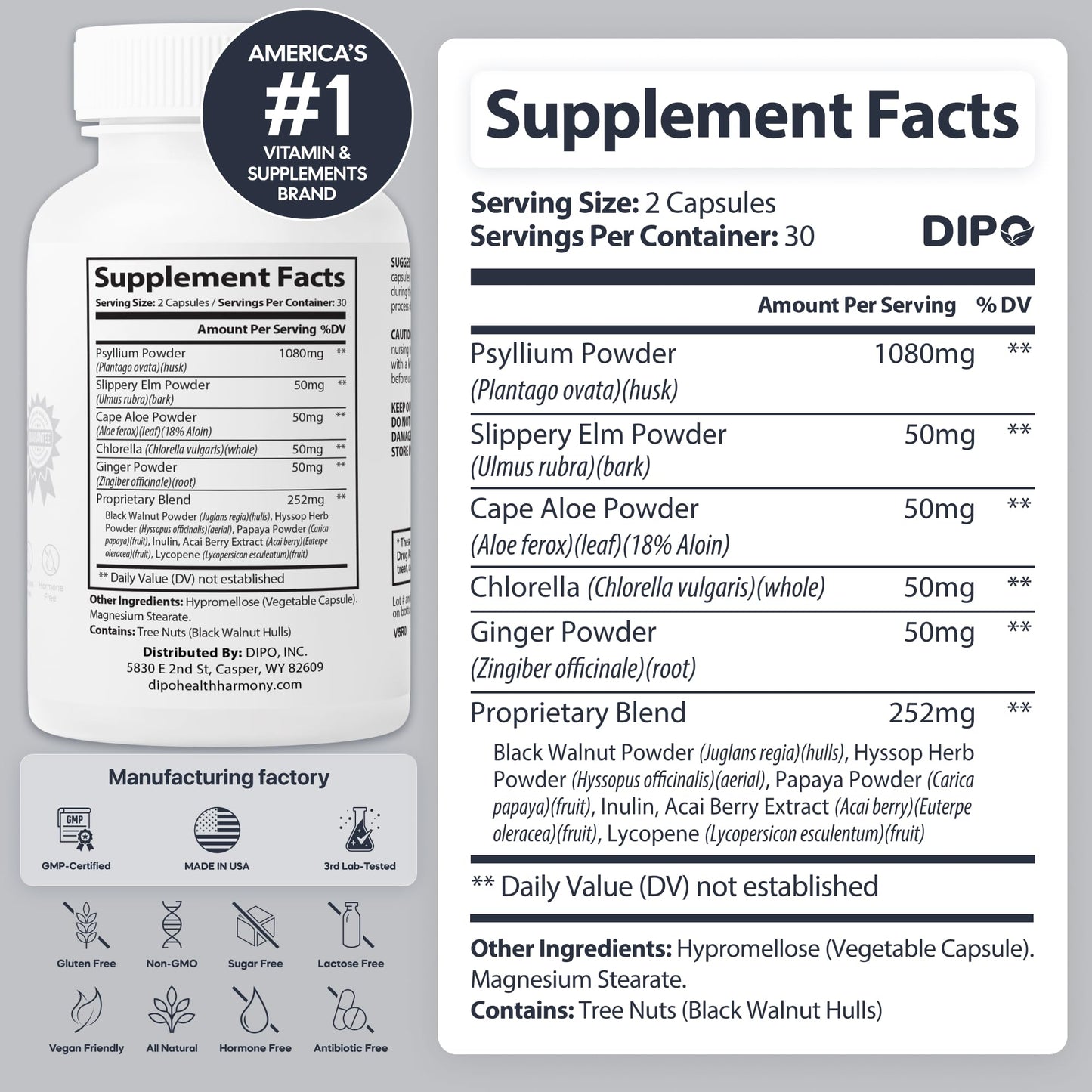 DIPO HEALTH HARMONY Psyllium Husk Capsules 60 Count