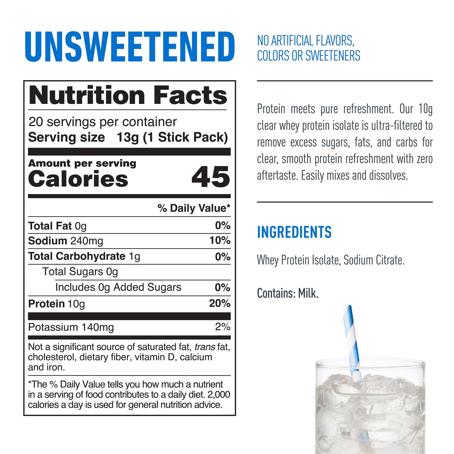 Isopure Clear Protein Stick Pack, Unflavored, 20 Count (Pack of 1)