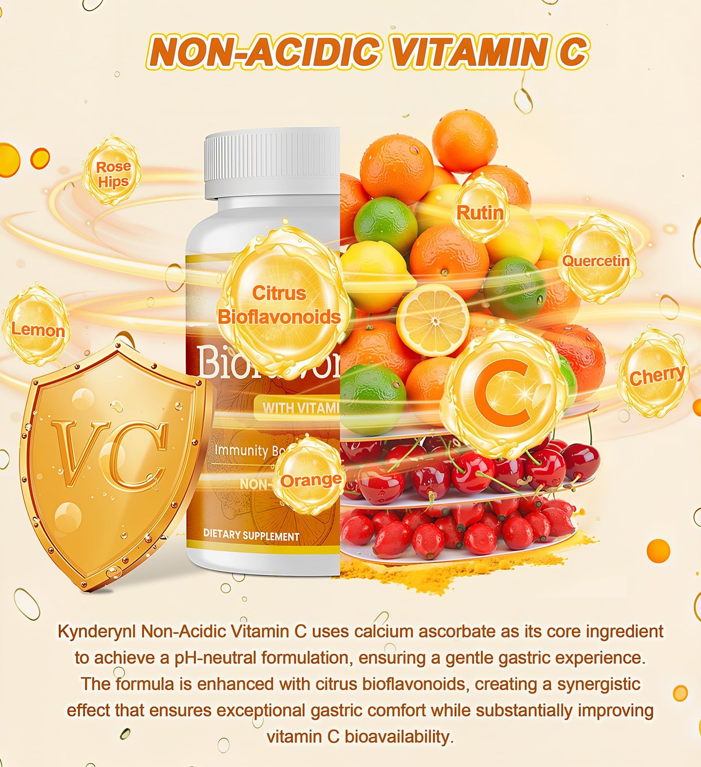 Kynderynl Vitamin C with Bioflavonoids Supplement for Immunity & Antioxidant & Skin - Blend of VIT C 1000mg and Citrus Bioflavonoids 1100mg, Non-Acidic Acerola Cherry Vitamin C, Vegan, 90 Capsules